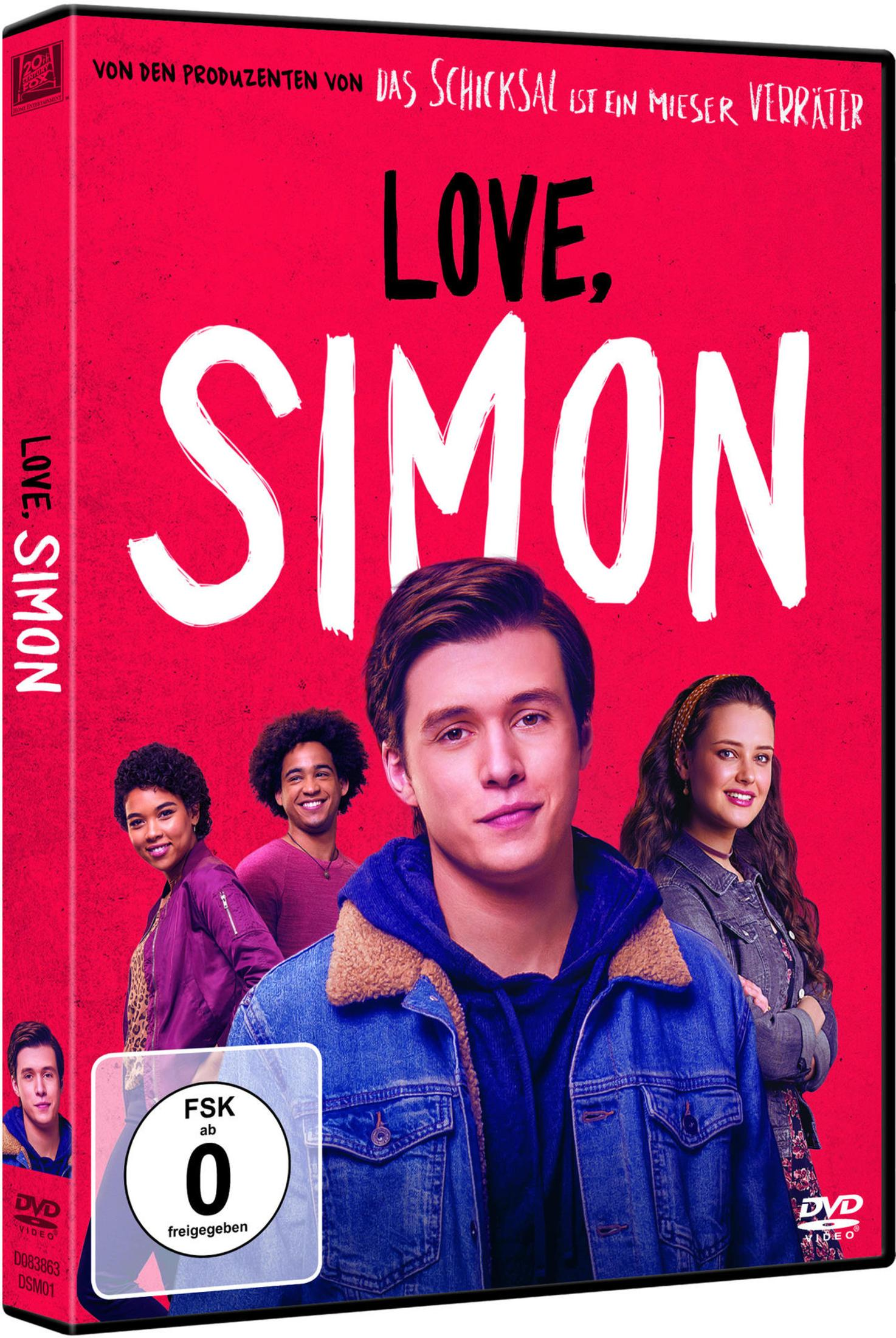 DVD-Cover von Love, Simon mit vier lächelnden Jugendlichen vor rotem Hintergrund.