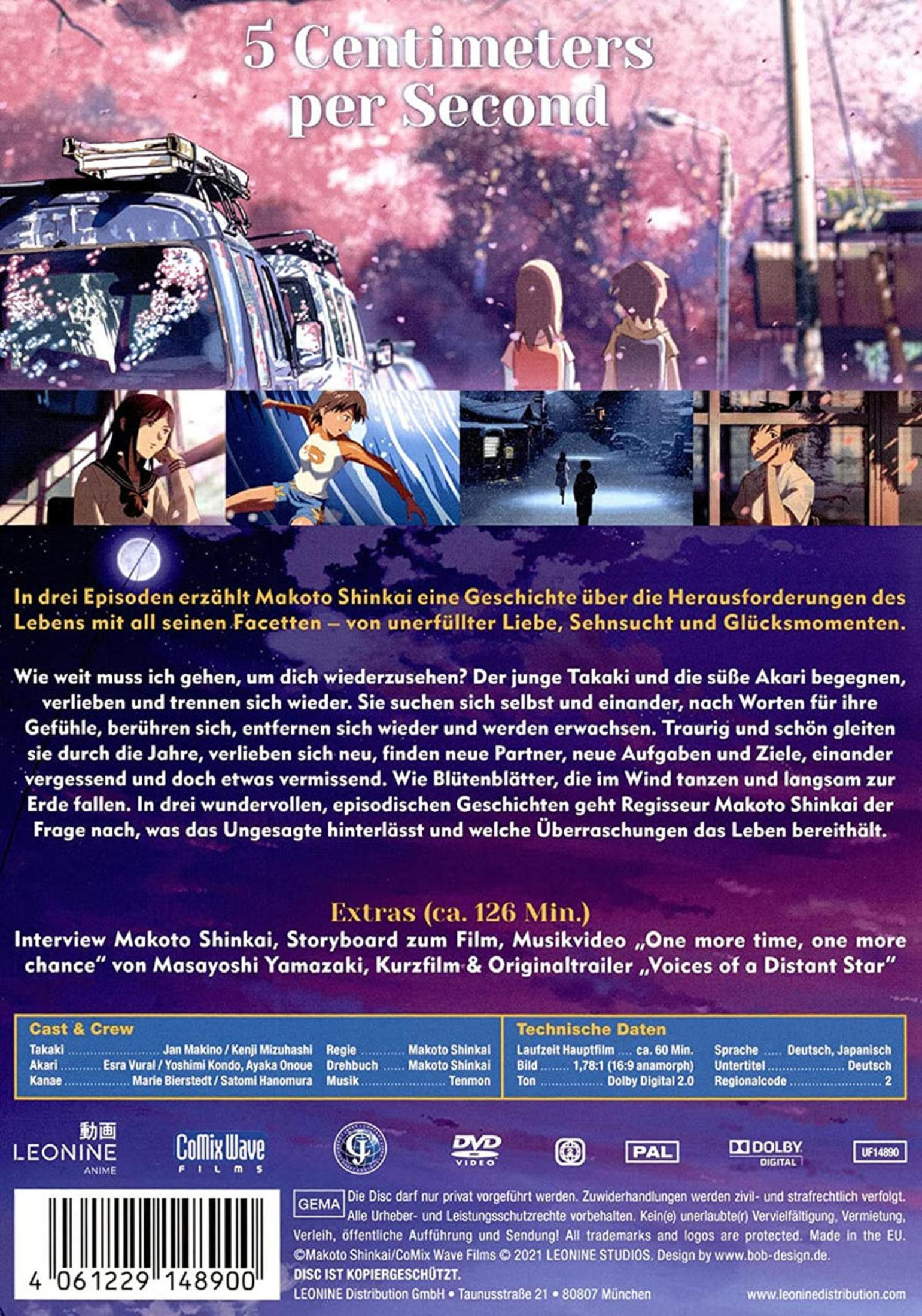 Anime-DVD-Cover für 5 Centimeters per Second mit Szenenbildern, deutscher Synopsis und Cast-Informationen.