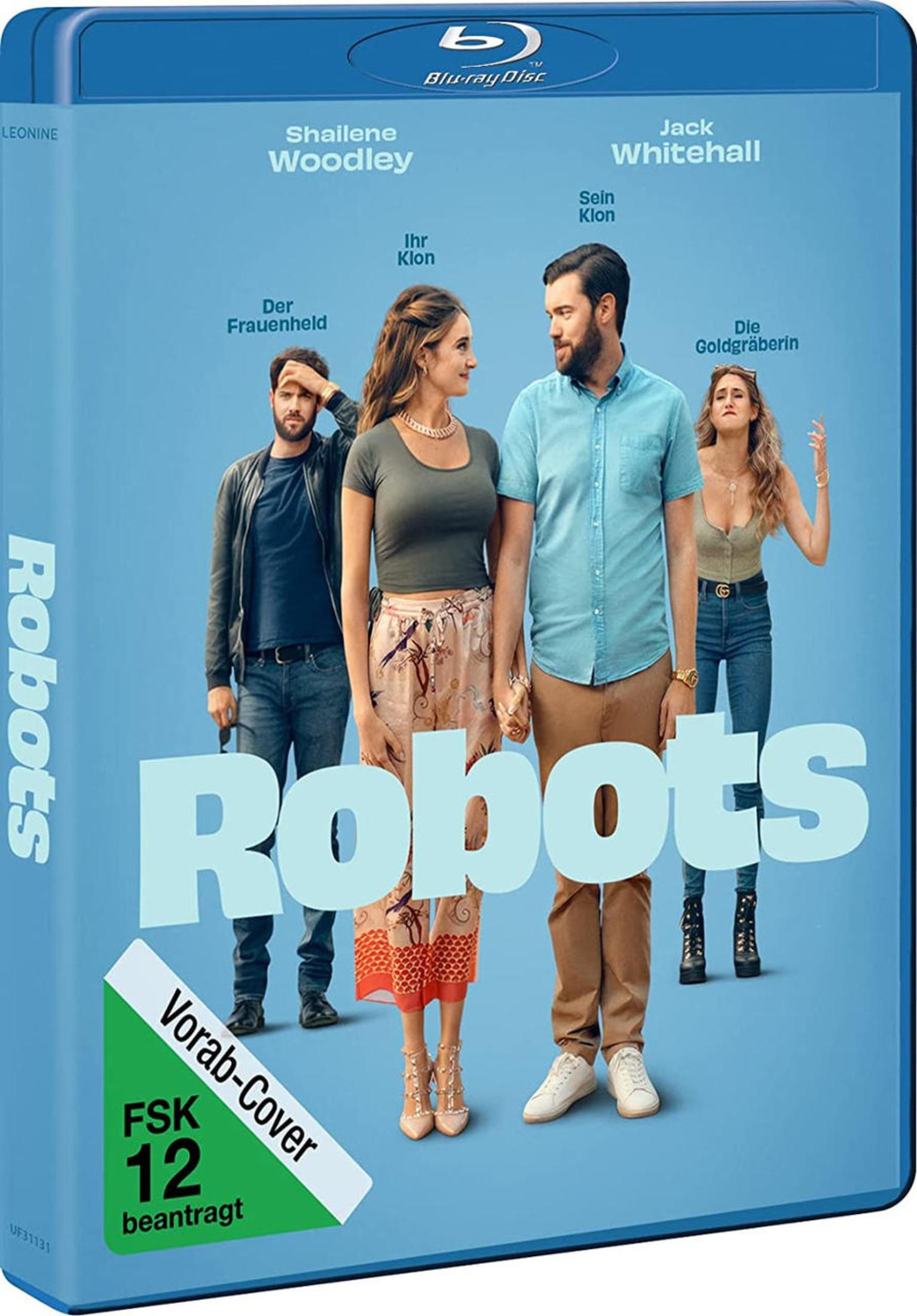 Blu-ray-Hülle des Films Robots, mit Shailene Woodley und Jack Whitehall auf blauem Hintergrund.