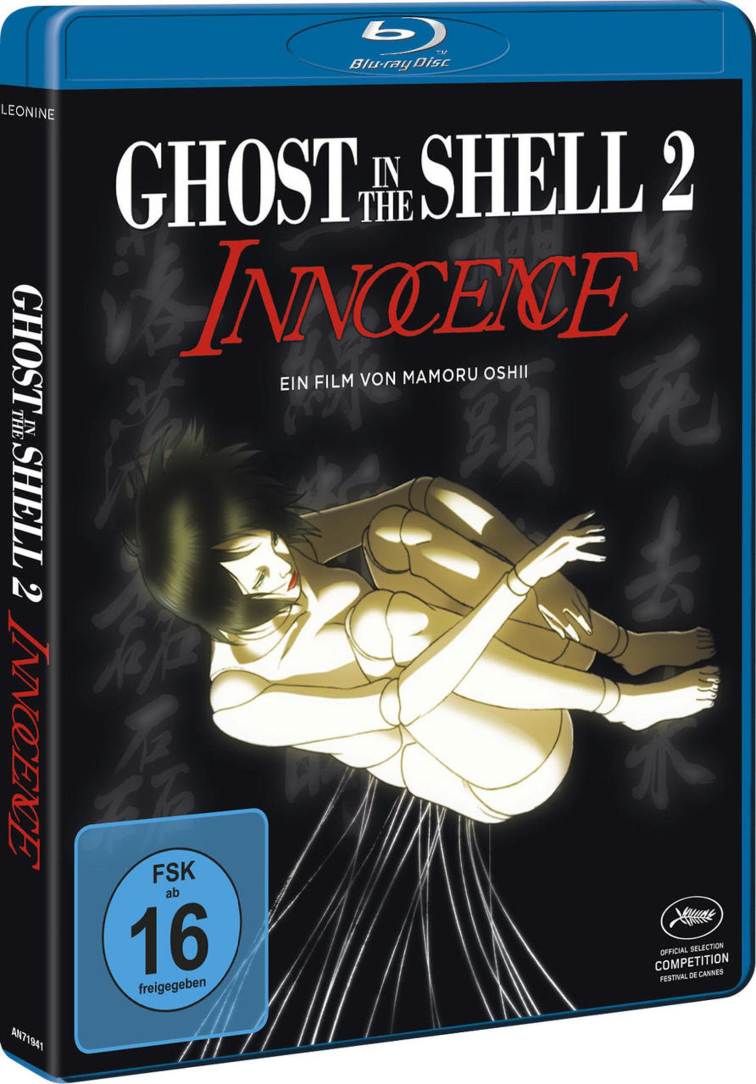 Blu-ray-Hülle des Animes Ghost in the Shell 2: Innocence mit einer liegenden Androidenfigur vor schwarzem Hintergrund.