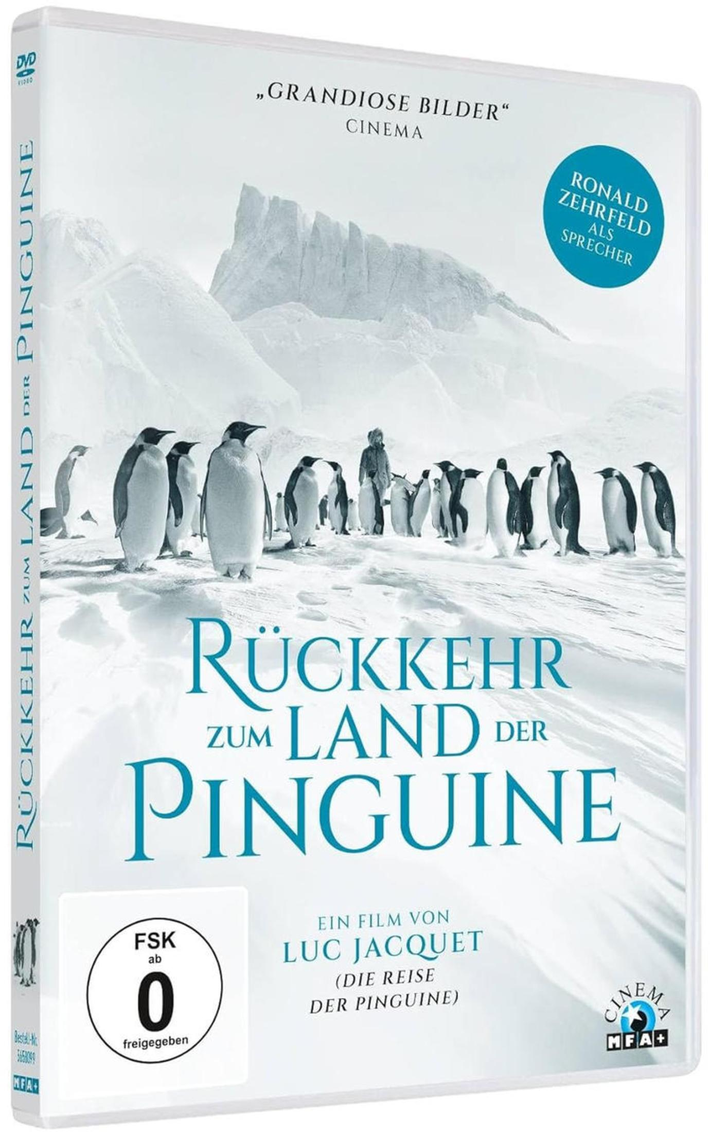 DVD-Hülle von 'Rückkehr zum Land der Pinguine' mit Pinguinen in eisiger Landschaft.
