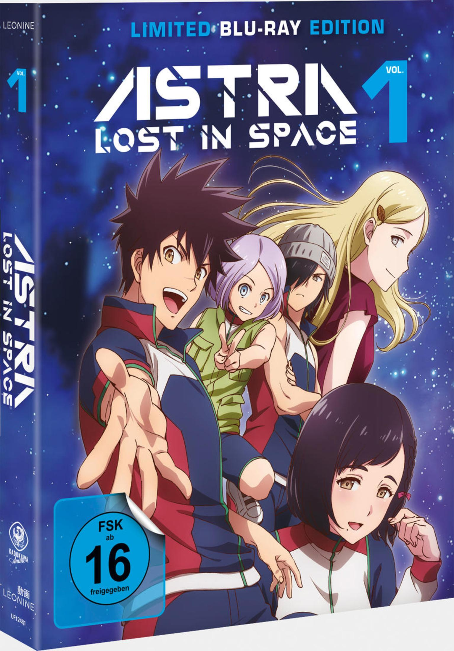 Anime-Blu-ray-Cover von Astra Lost in Space mit fünf Charakteren vor einem Sternenhintergrund und FSK 16-Logo.