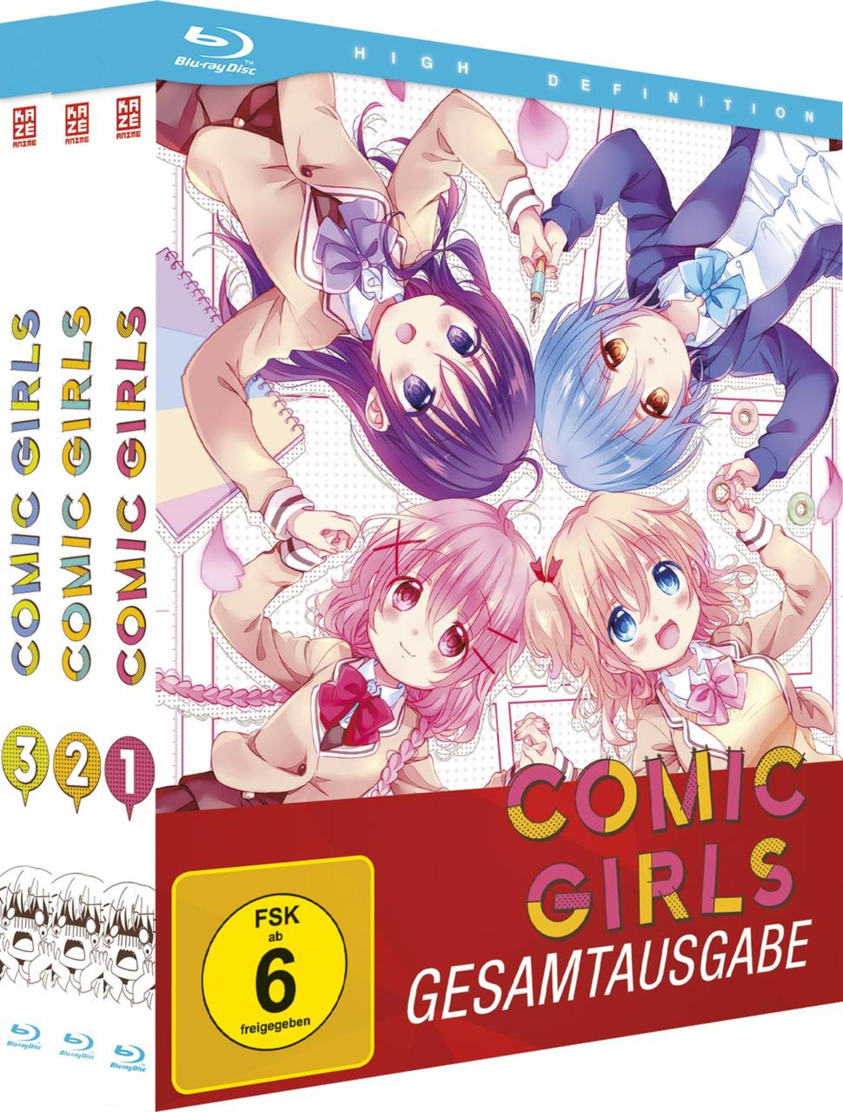 Comic Girls Blu-ray Box mit vier bunten Anime-Mädchen, die Hände halten, und FSK-6-Logo.