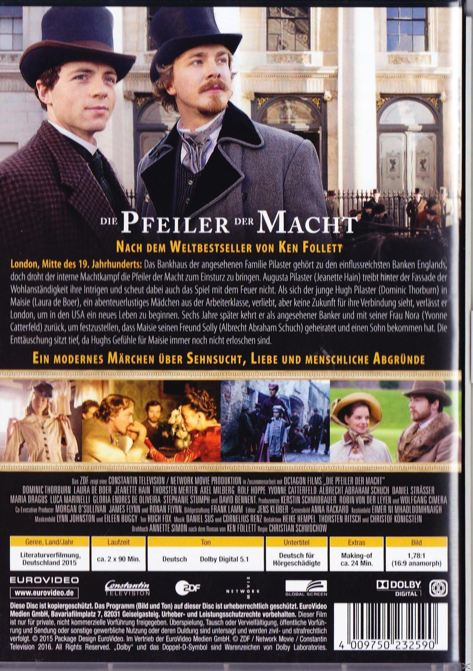 DVD-Hülle von Die Pfeiler der Macht mit historischen Szenenbildern und Texten auf Deutsch.