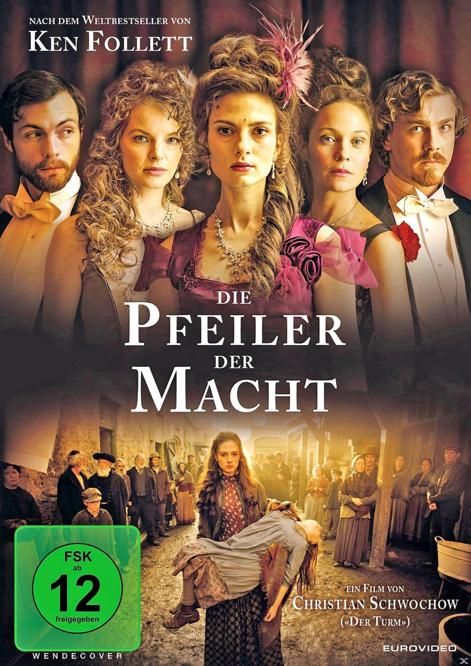 Filmplakat von Die Pfeiler der Macht mit fünf historischen Figuren oben und einer Frau mit Kind unten.