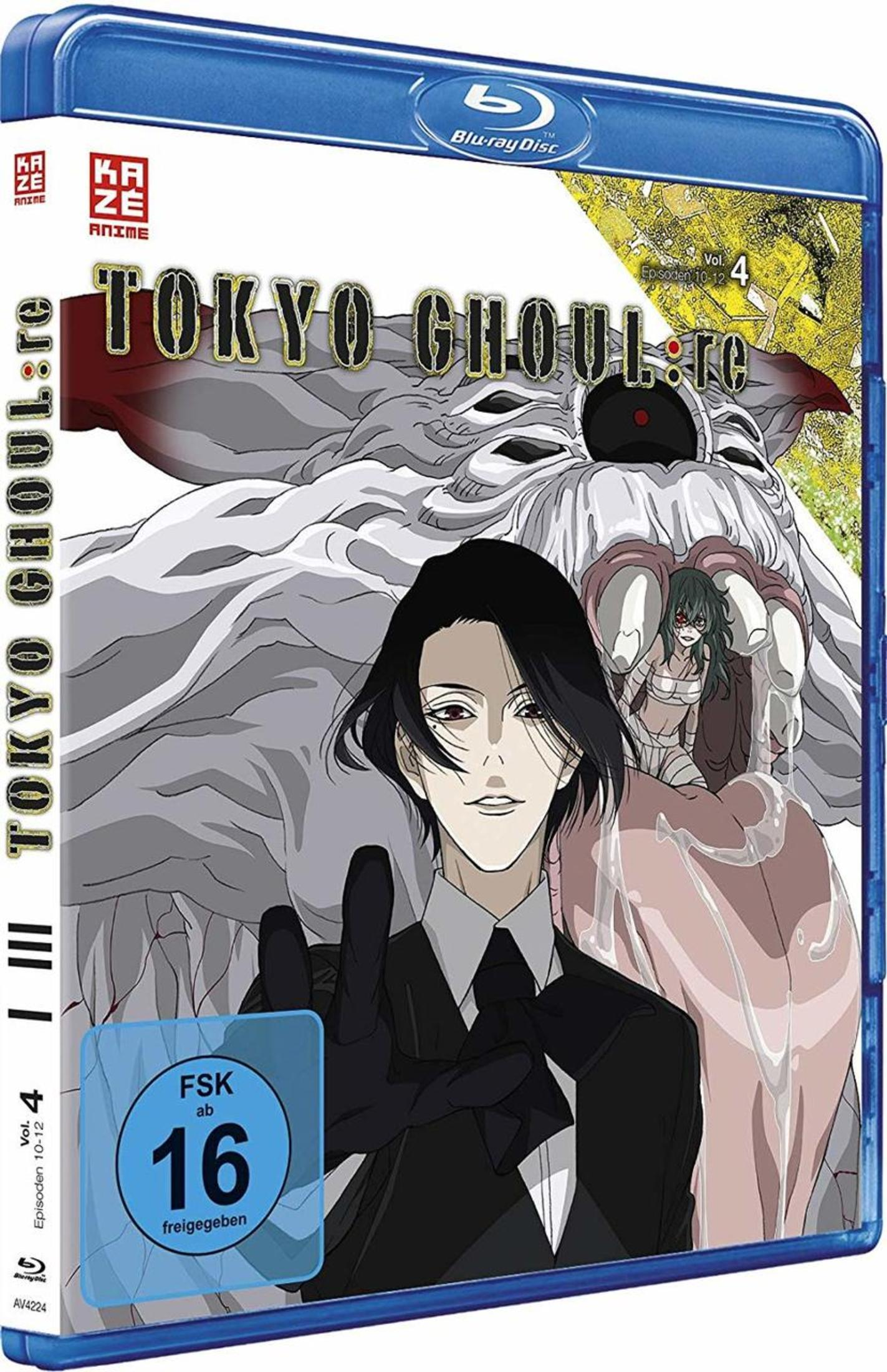 Tokyo Ghoul:re Vol. 4 Blu-ray-Cover mit dunkelhaarigem Mann im Anzug vor monströser weißer Kreatur.