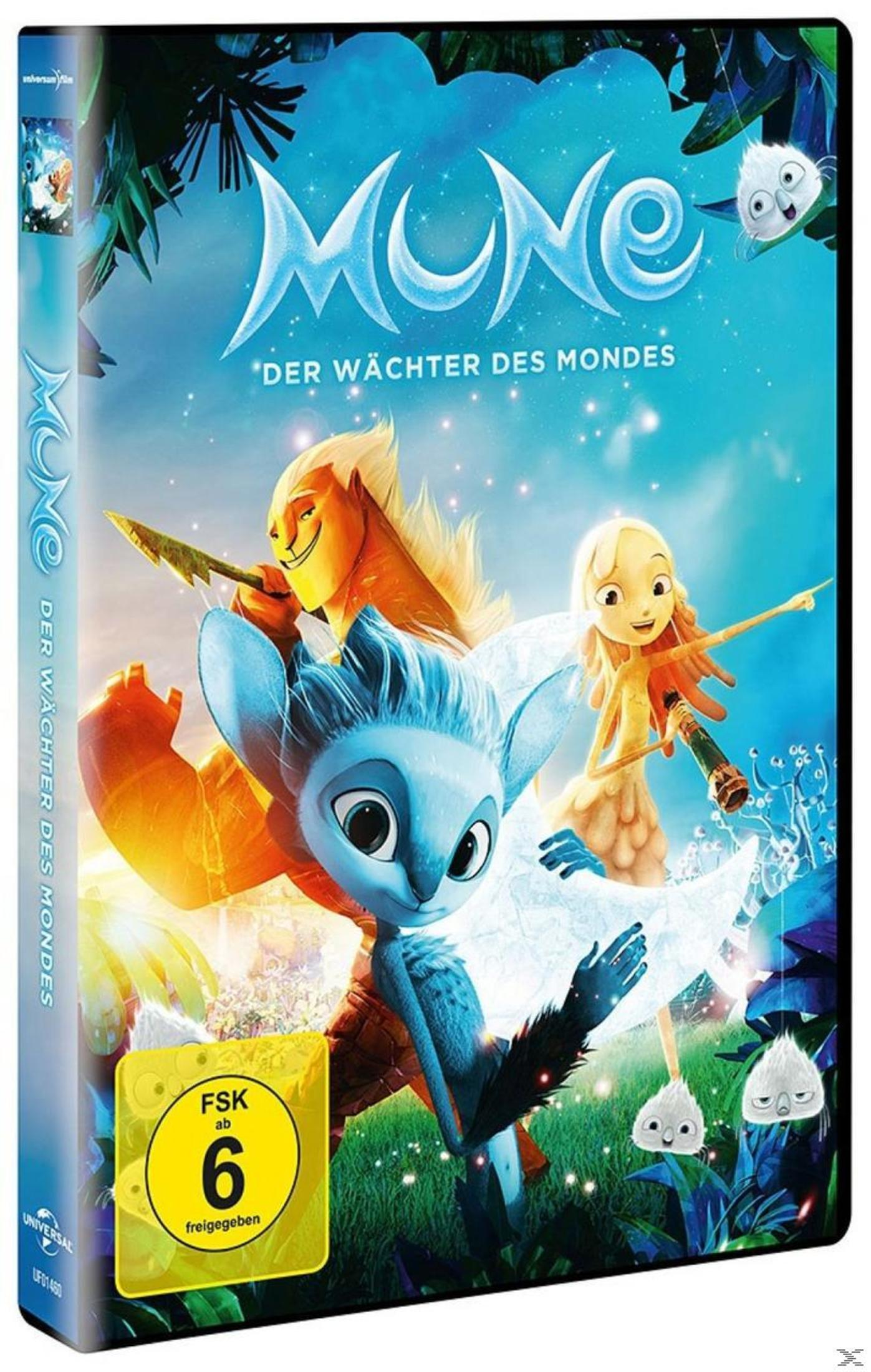 DVD-Cover von Mune: Der Wächter des Mondes zeigt blaue, orange und gelbe Figuren in einer magischen Nachtlandschaft.