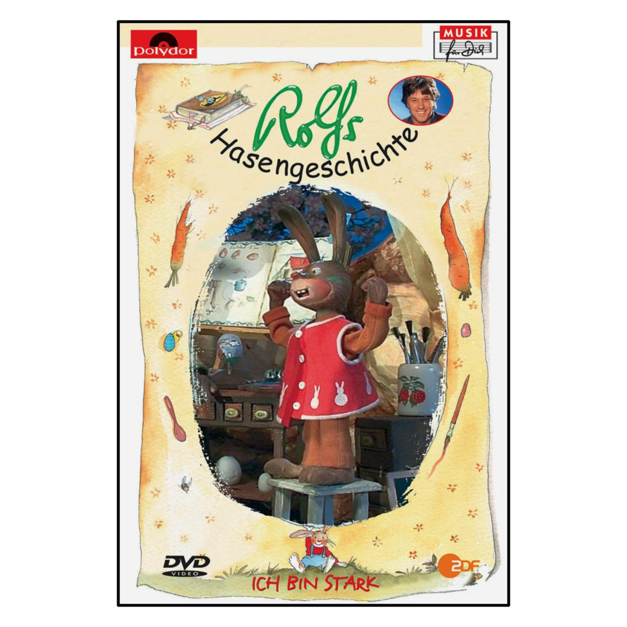 DVD-Cover von Rolfs Hasengeschichte mit einem Hasen in roter Weste auf einem Hocker.