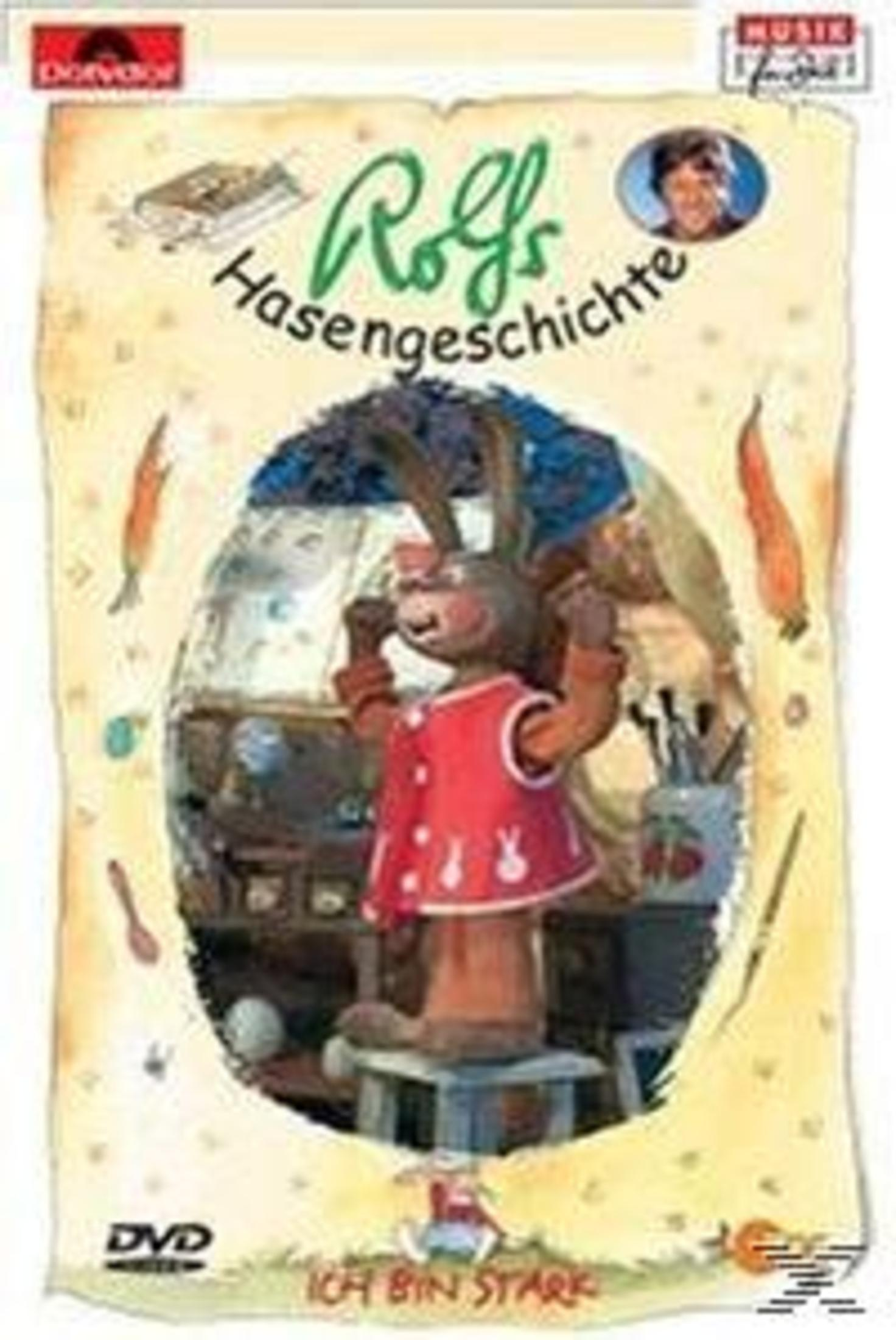 DVD-Cover von Rolfs Hasengeschichte mit einem Hasen in roter Weste in einem Zimmer.