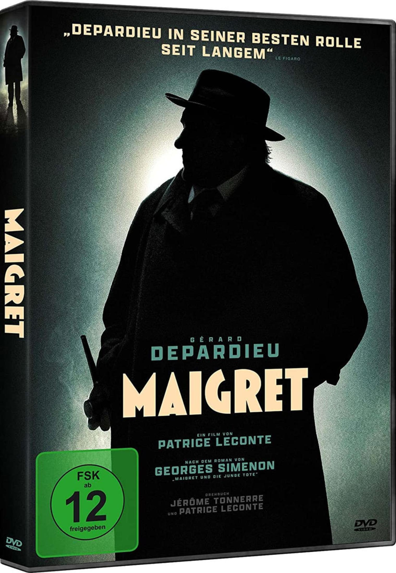 DVD-Cover von Maigret mit Gerard Depardieu in einer dunklen Silhouette vor einem hellen Hintergrund.