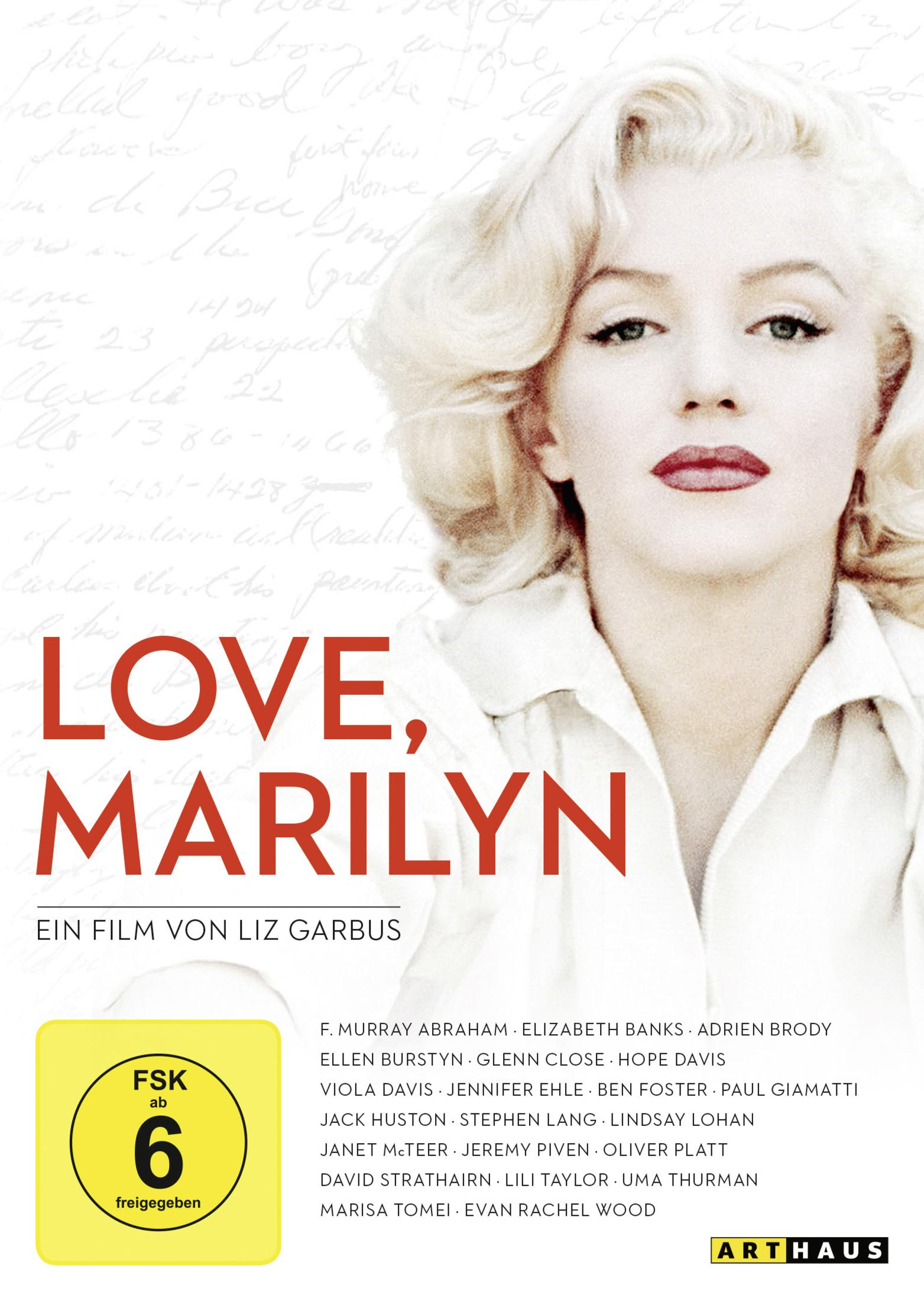 Marilyn Monroe auf einem Filmplakat mit dem Titel Love, Marilyn vor einer handschriftlichen Hintergrundgrafik.