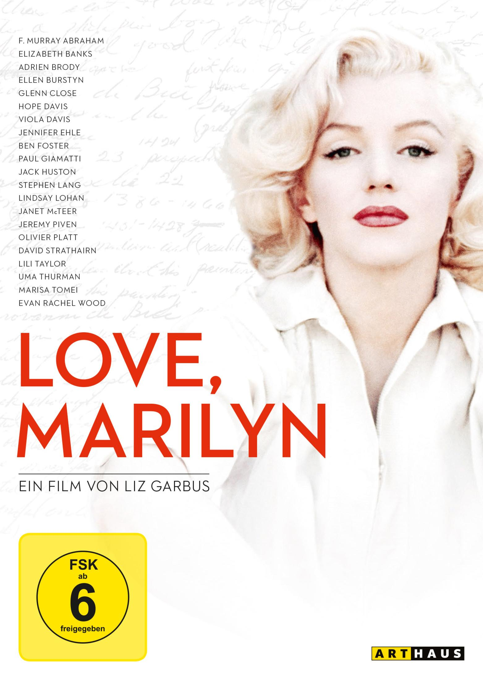 Filmplakat für Love, Marilyn mit einem Porträt von Marilyn Monroe, handschriftlichen Notizen und Cast-Namen.