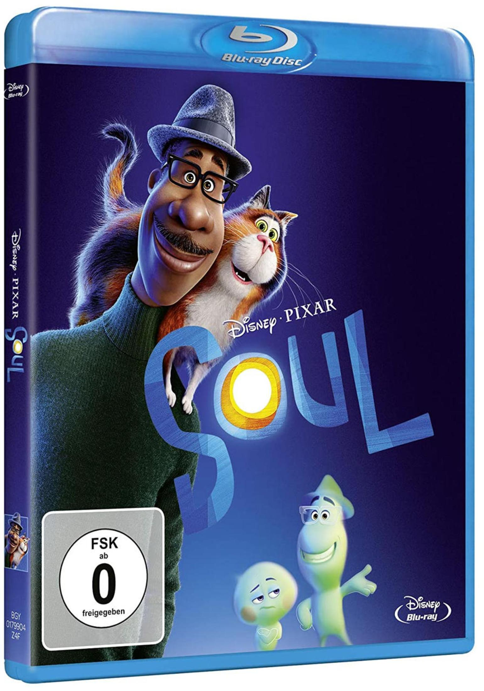 Blu-ray-Hülle des Pixar-Films Soul mit Joe Gardner, einer Katze und Seelen vor dunklem Hintergrund.
