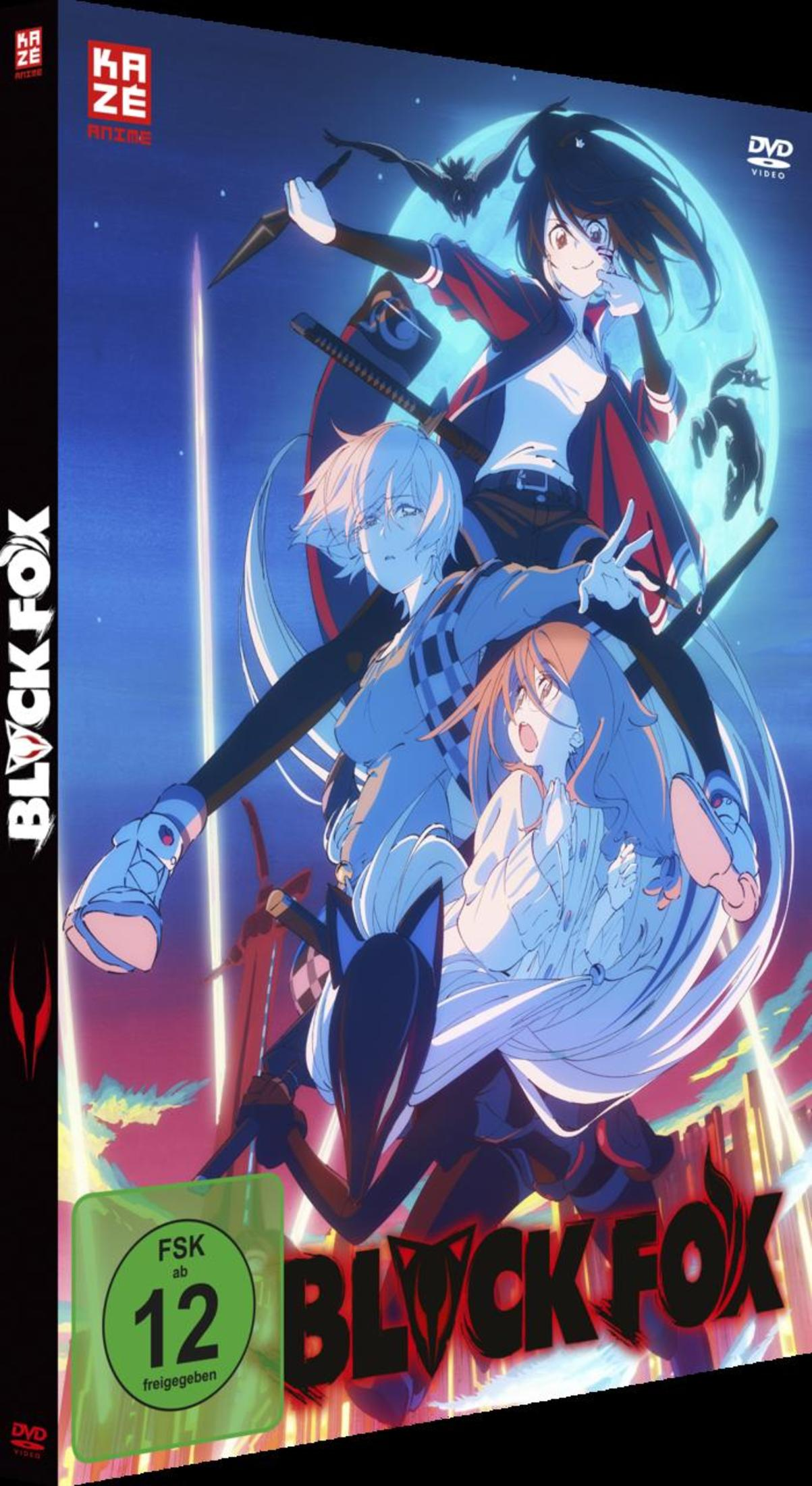 Anime-DVD-Hülle Blockfox mit drei Charakteren vor blauem Vollmond und Stadtkulisse.