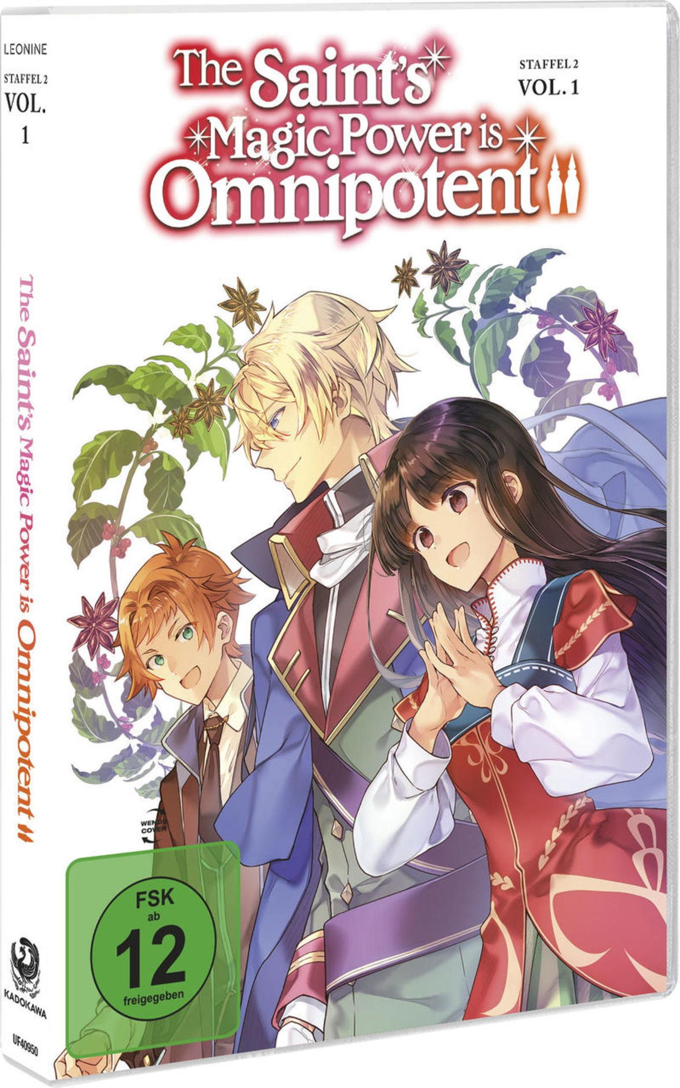 Anime-Cover mit drei Charakteren vor grünen Pflanzen und dem Titel The Saint's Magic Power is Omnipotent.