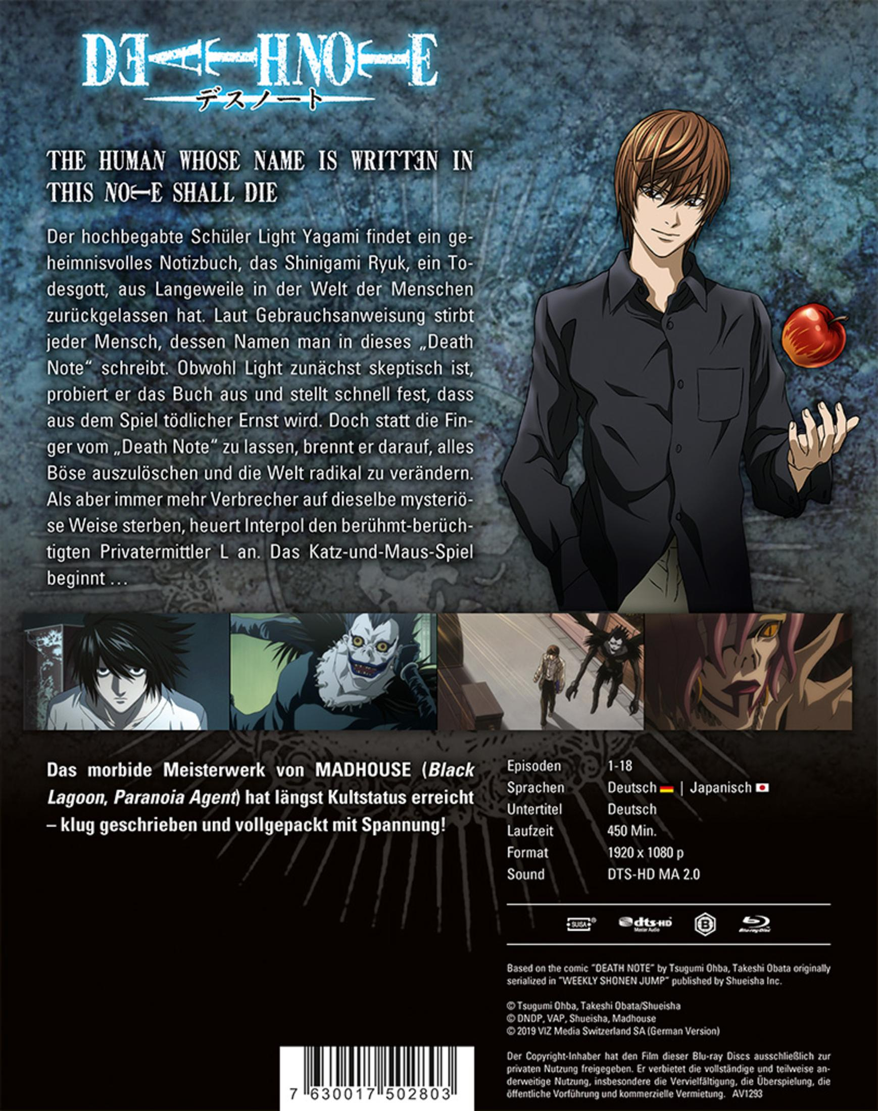 Anime-Cover von Death Note mit Light Yagami, der einen Apfel hält, Text und kleinen Szenenbildern.