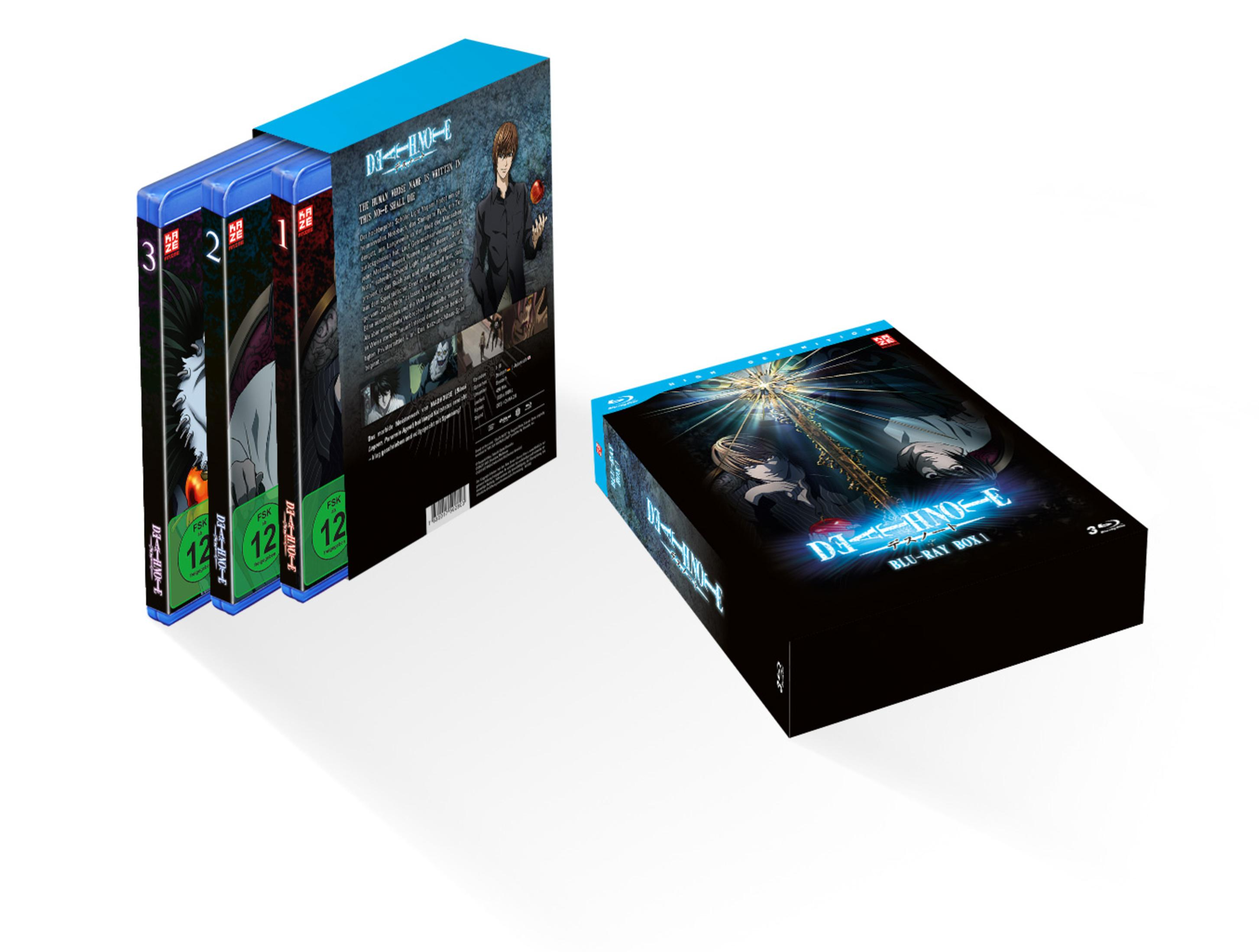 Death Note Blu-Ray Box 1 mit drei Hüllen und einem Schuber auf weißem Hintergrund.