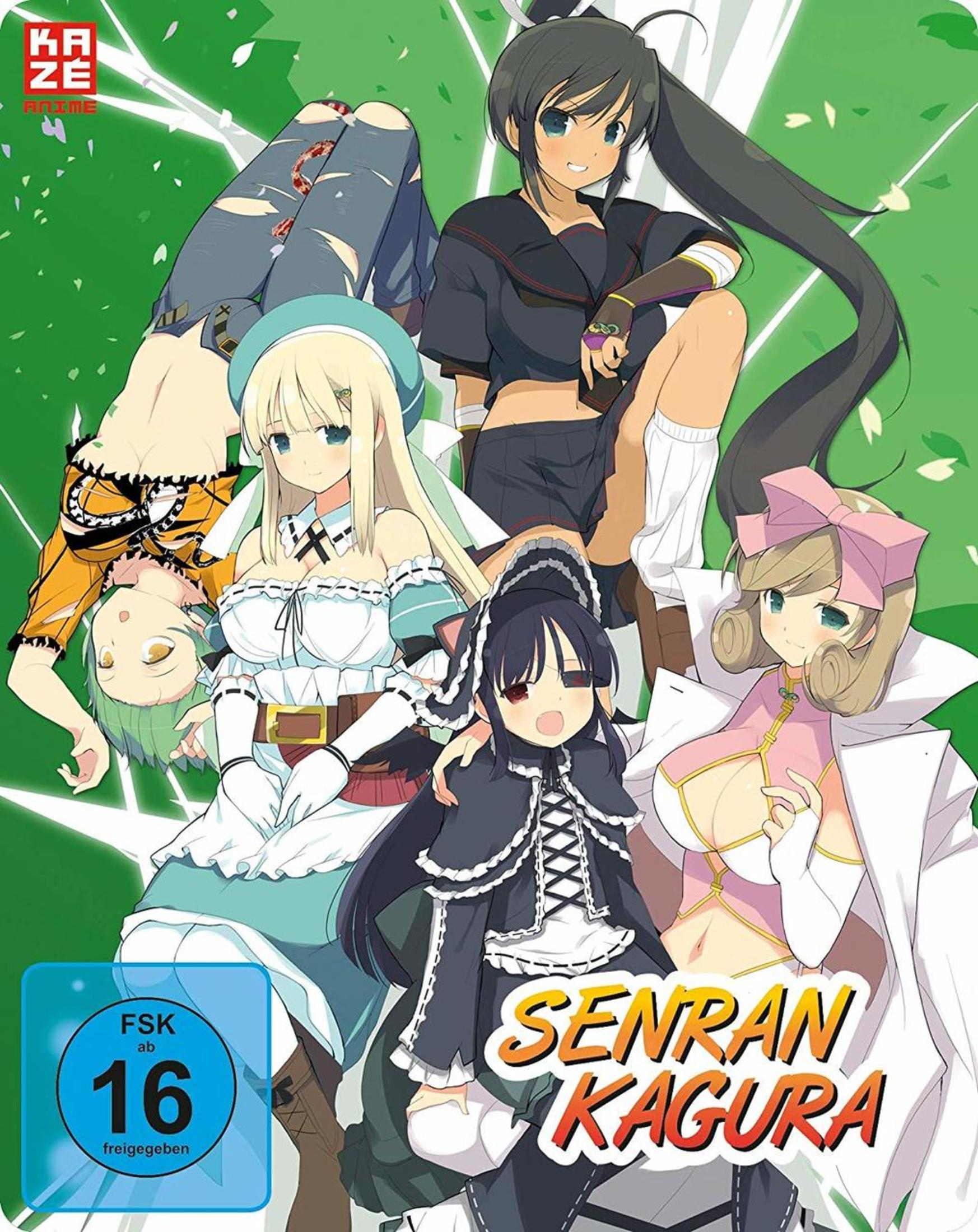 Anime-Poster von Senran Kagura mit fünf Frauen im Vordergrund vor einem grünen Hintergrund und einem FSK-16-Logo.