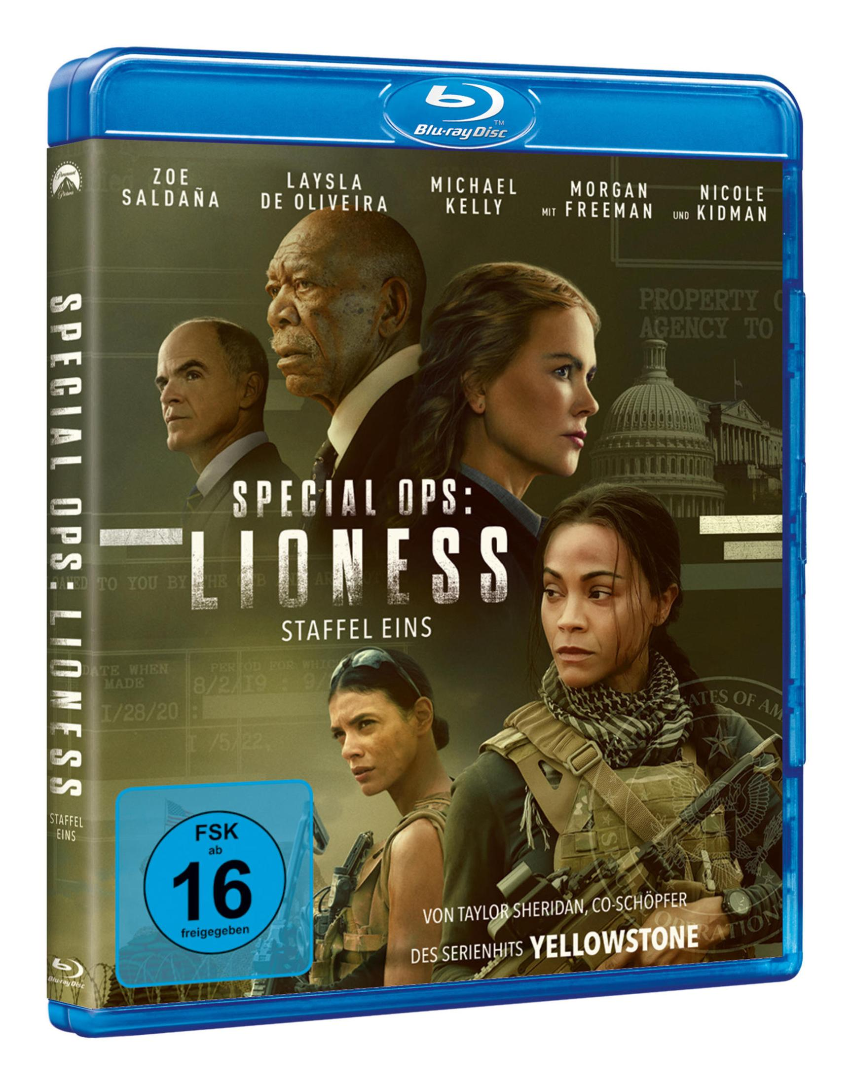 Blu-ray Hülle von Special Ops: Lioness, Staffel 1, mit Hauptdarstellern und dem Capitol im Hintergrund.