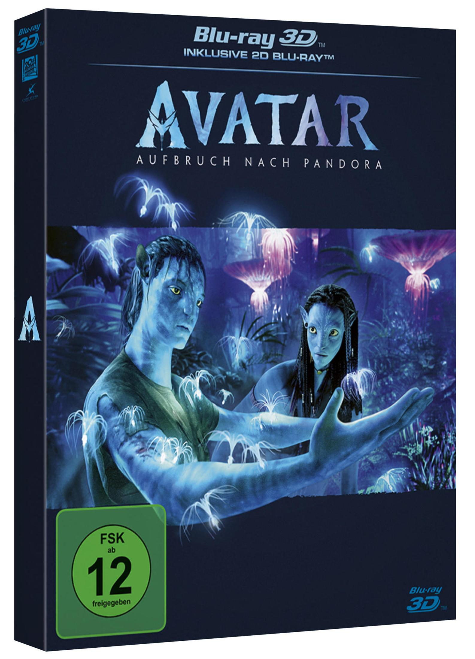 Avatar 3D Blu-ray Hülle mit zwei Na'vi Charakteren im phosphoreszierenden Dschungel von Pandora und FSK 12 Logo.