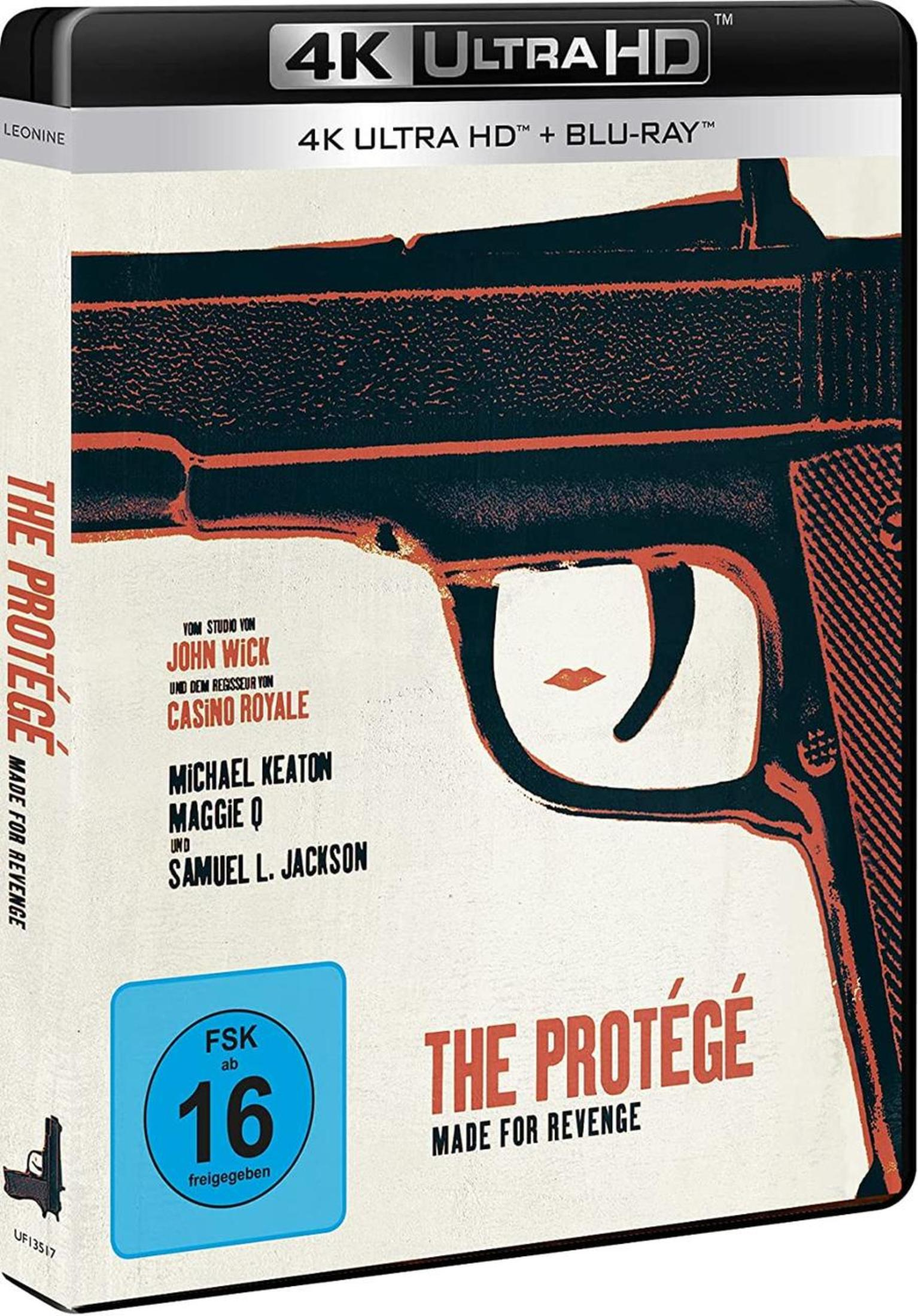 Cover von The Protege 4K Ultra HD Blu-ray mit einer rot-schwarzen Pistole und Filminfos.
