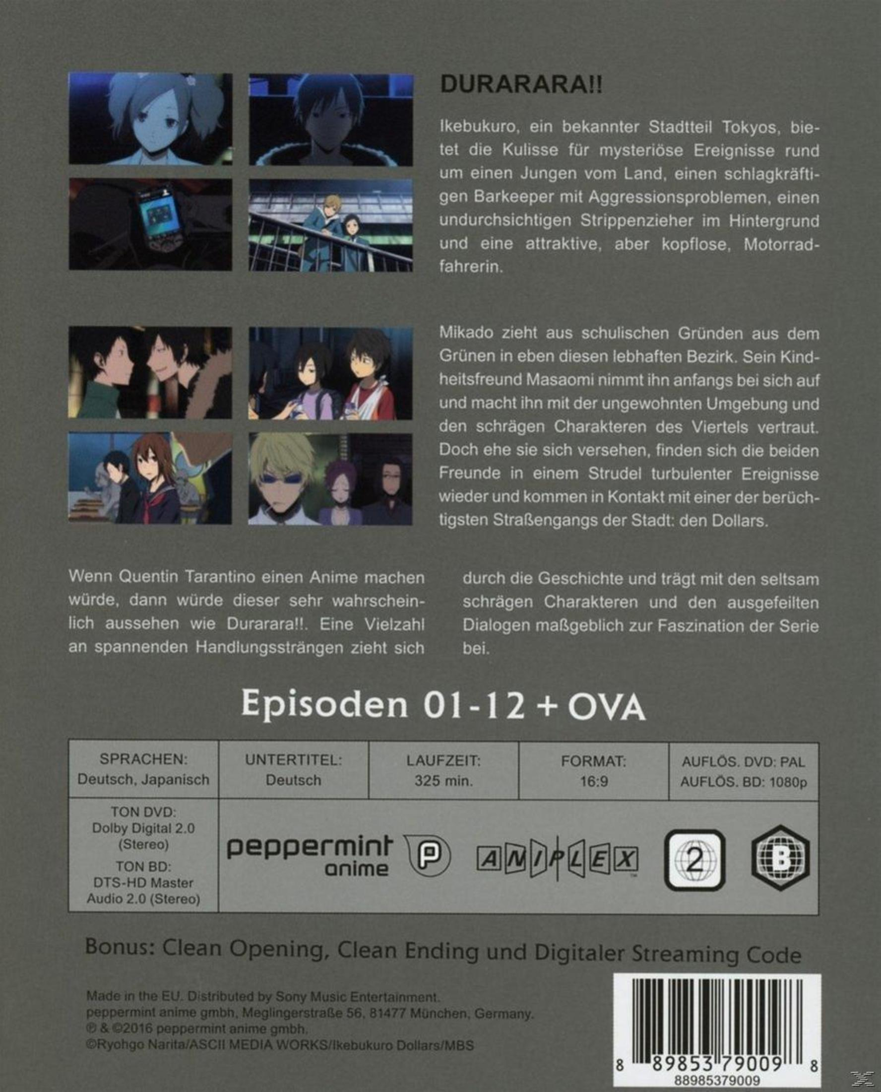 DVD-Cover der Anime-Serie Durarara!! mit Szenenbildern, deutscher Beschreibung, Episodeninfos und einem Barcode.