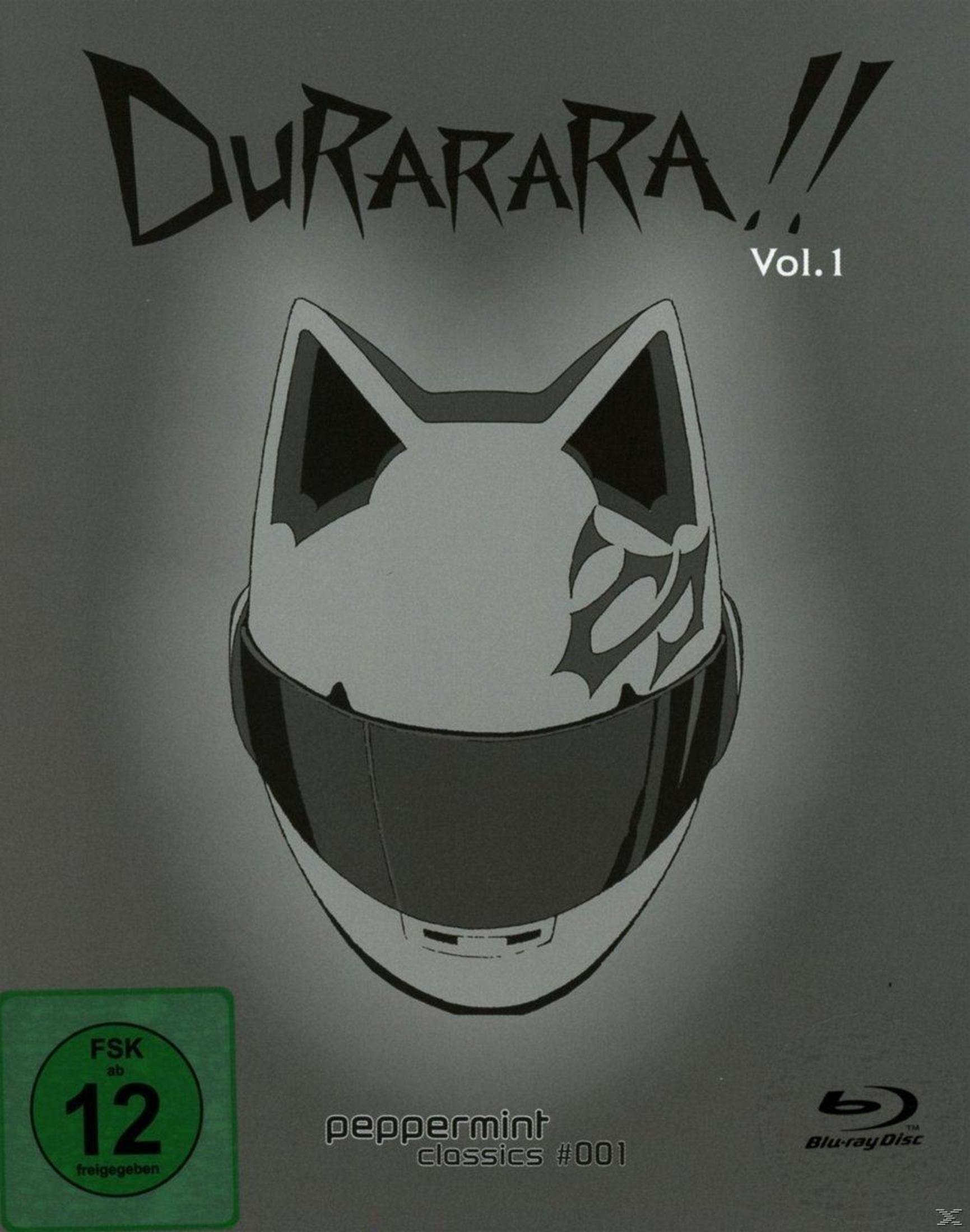 Cover von Durarara!! Vol.1 mit einem weißen Katzenhelm mit Visier vor grauem Hintergrund.