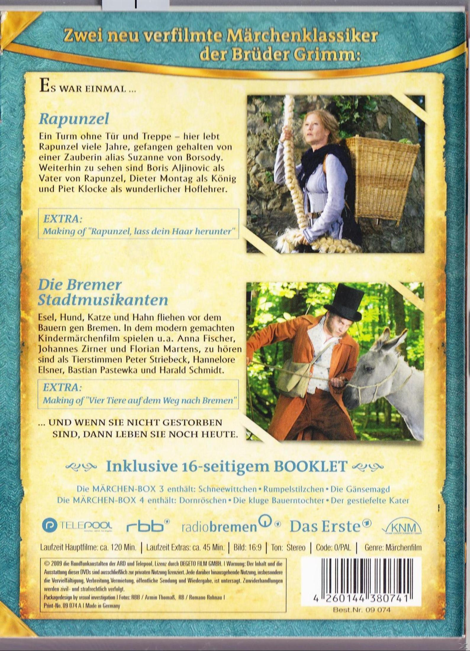 DVD-Rückseite mit Szenenbildern aus Rapunzel und Die Bremer Stadtmusikanten sowie Texten auf Deutsch.