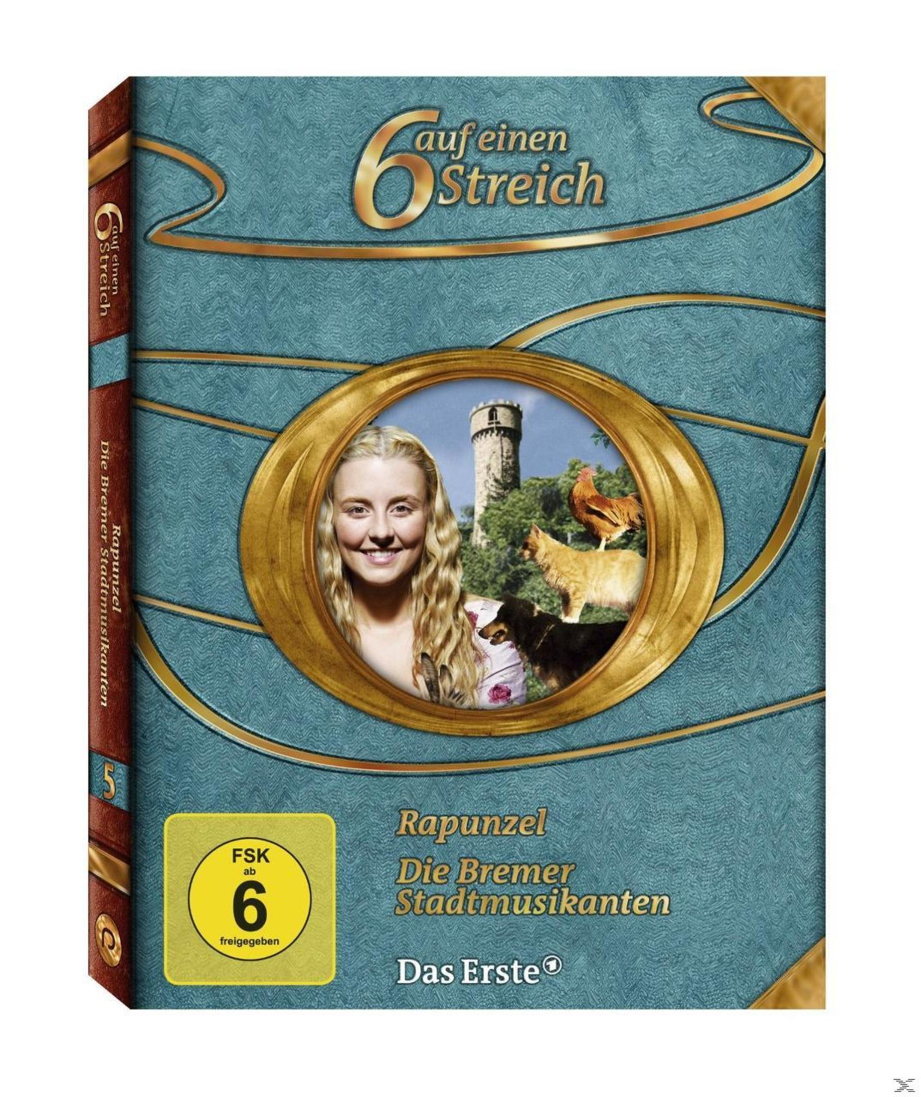 DVD-Cover mit blonde Frau, Tieren vor Turm und dem Titel '6 auf einen Streich'.