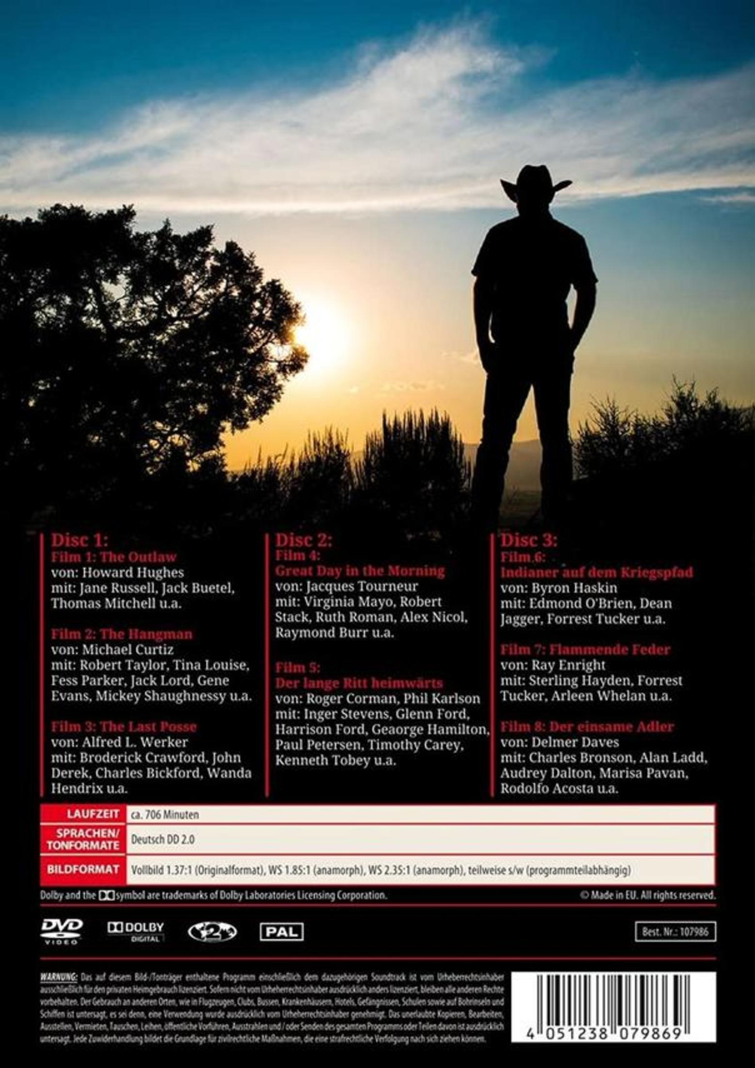 Rückseite einer DVD-Hülle mit einem Cowboy im Sonnenuntergang und Filmlisten.