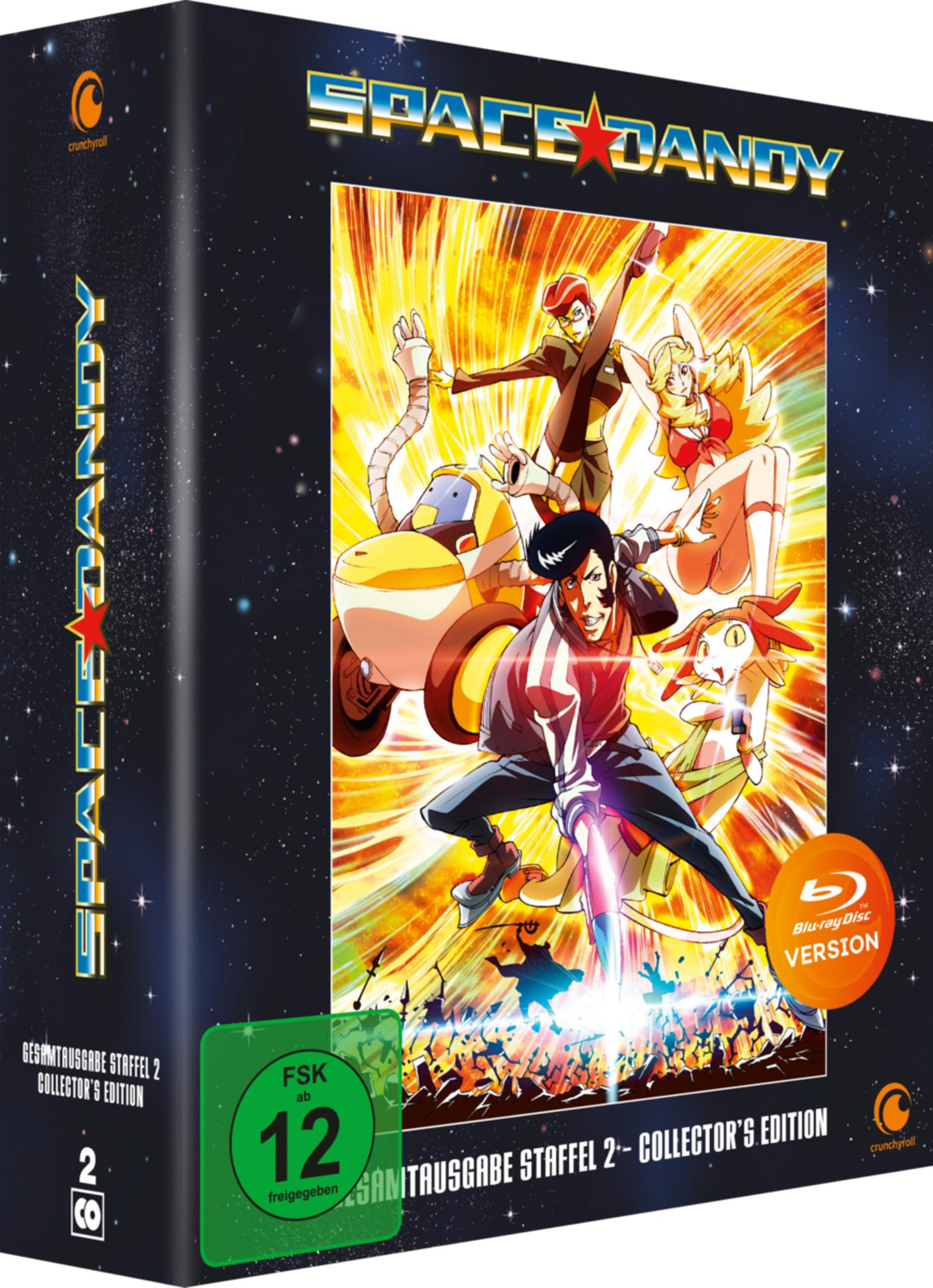 Space Dandy Anime Blu-ray Box mit Hauptcharakteren vor einem dynamischen, feurigen kosmischen Hintergrund.