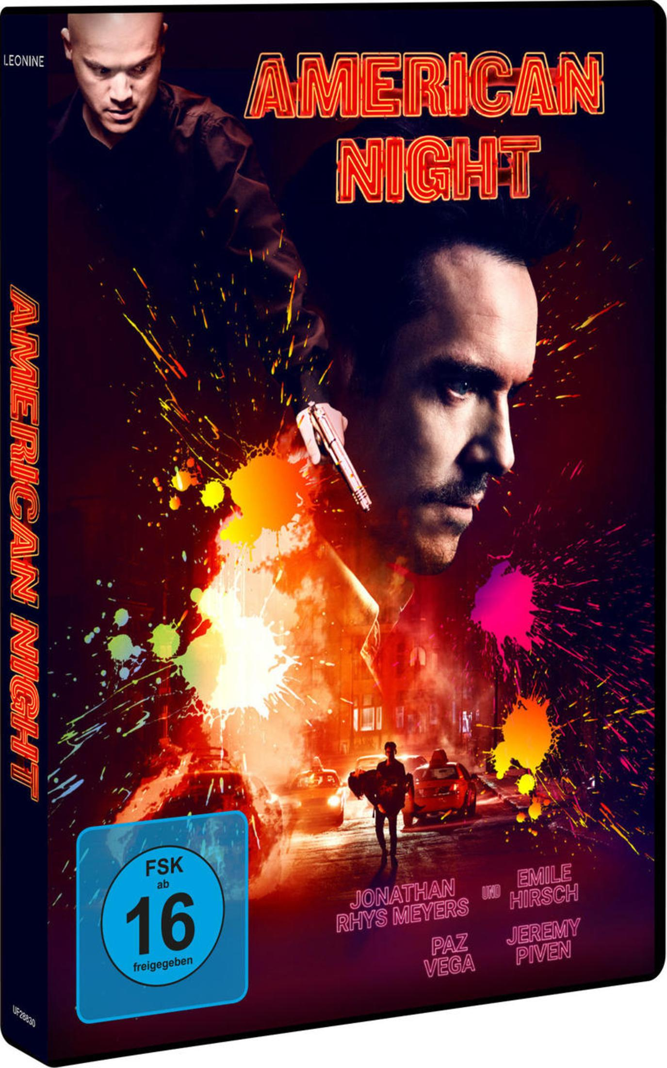 DVD-Cover von American Night mit Schauspielern, Neon-Titel und bunten Farbklecksen auf dunklem Grund.