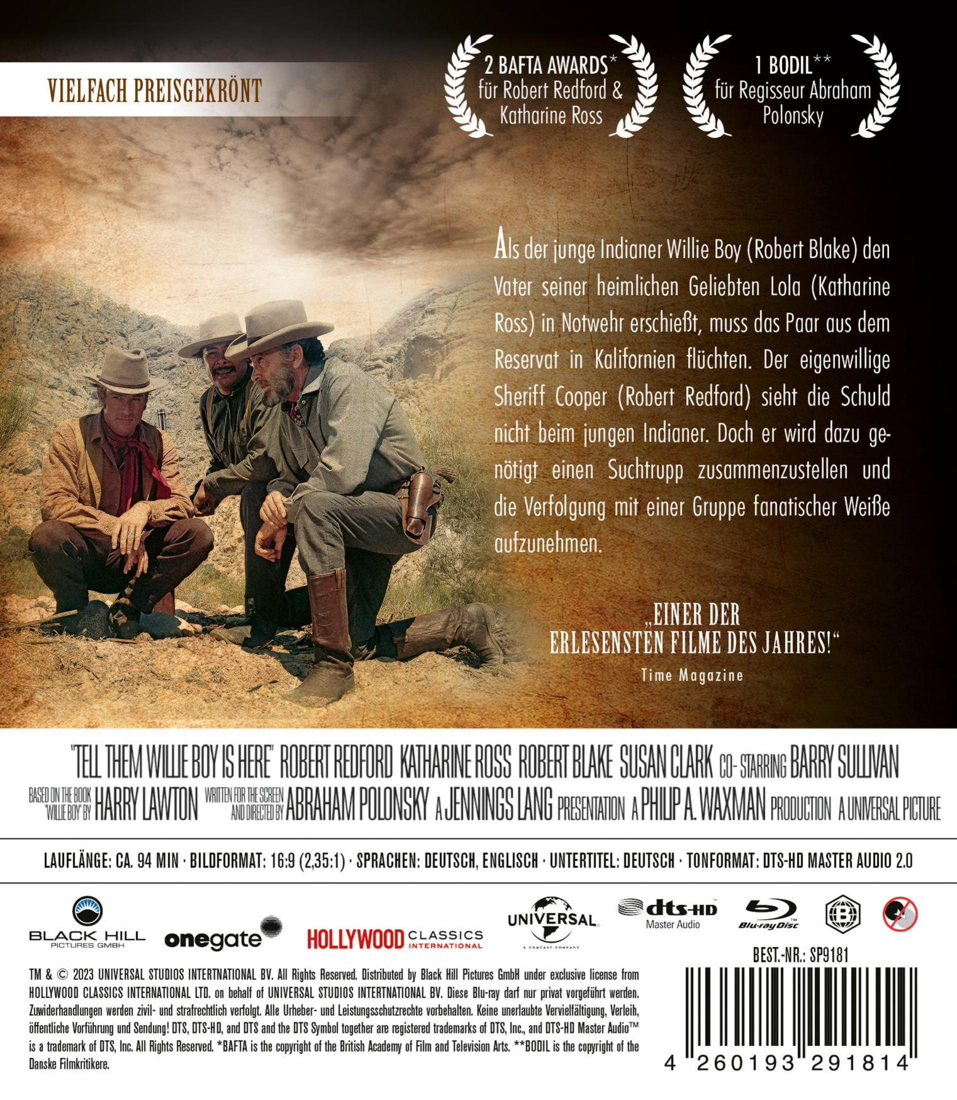 DVD-Rückseite des Films Tell Them Willie Boy Is Here mit drei Männern in historischen Western-Kostümen.