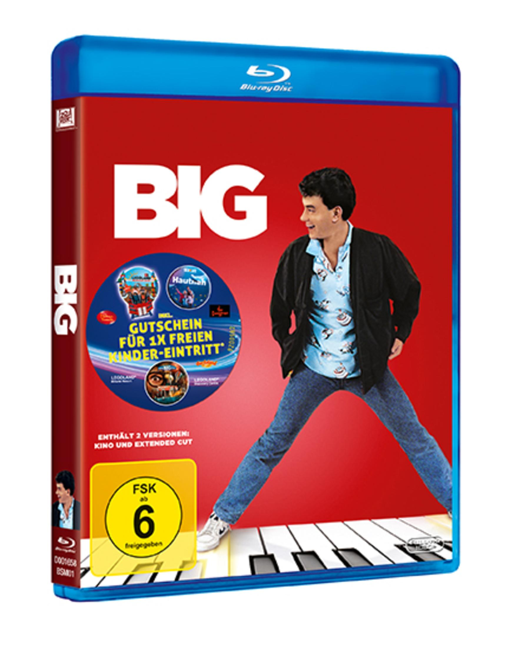 Blu-ray Hülle des Films Big, Tom Hanks spielt auf einer riesigen Klaviatur vor rotem Hintergrund.