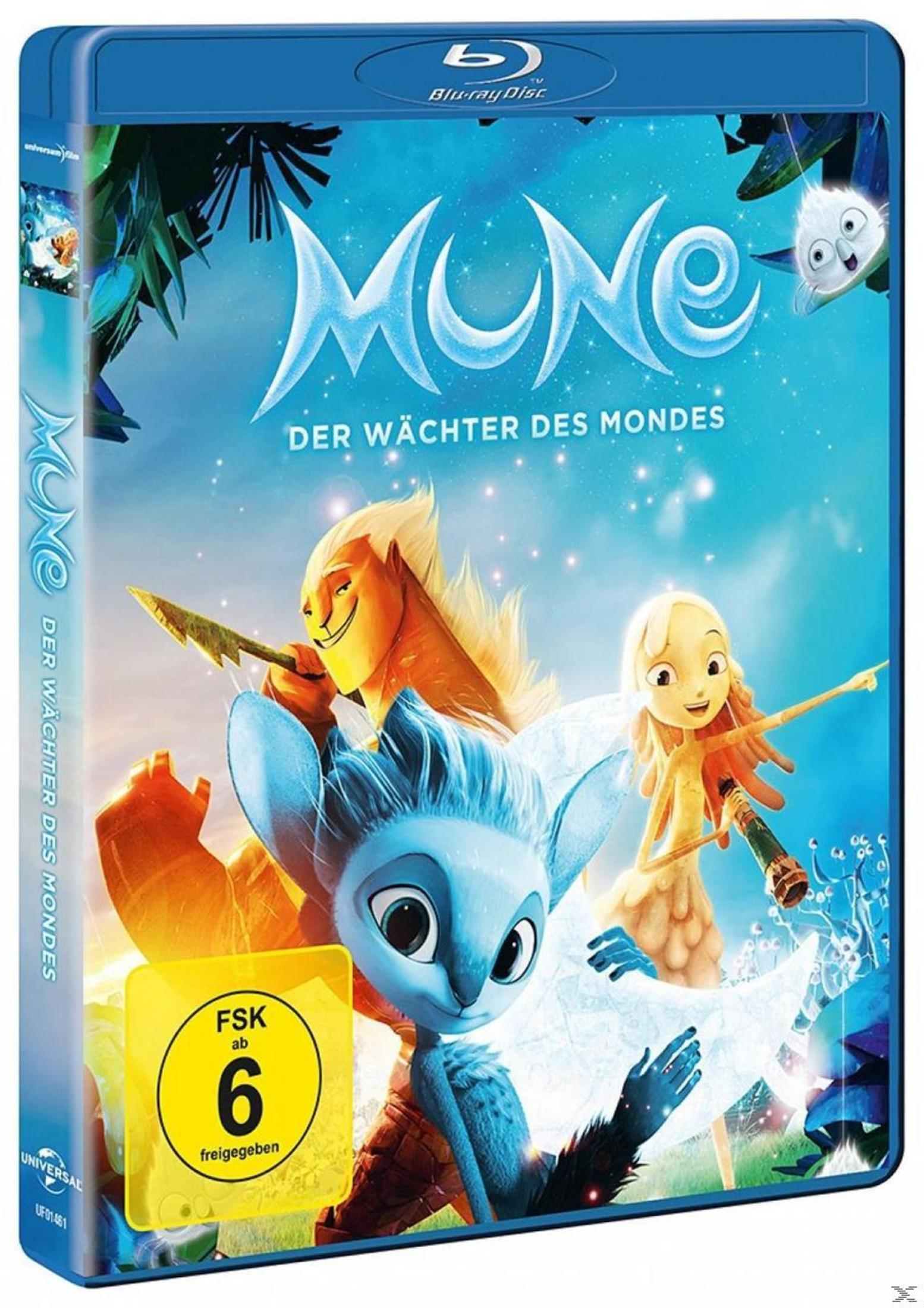 Mune - Der Wächter des Mondes Blu-ray Cover mit blauen, gelben und orangefarbenen Animationsfiguren vor Nachthimmel.