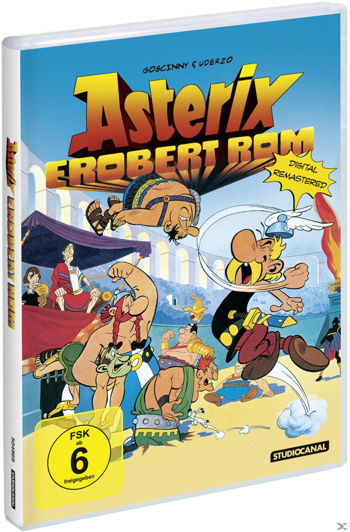 Asterix-DVD-Hülle mit farbenfrohen Zeichentrickfiguren im antiken Rom.