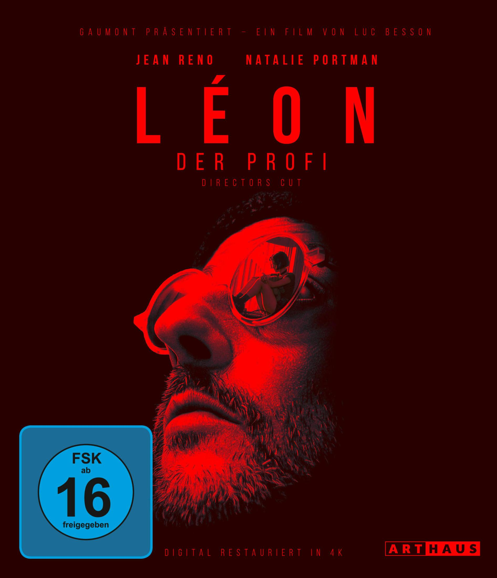 Léon-Filmposter mit roter Beleuchtung, dem Bartgesicht von Jean Reno und einer kleinen Figur in der runden Brille.