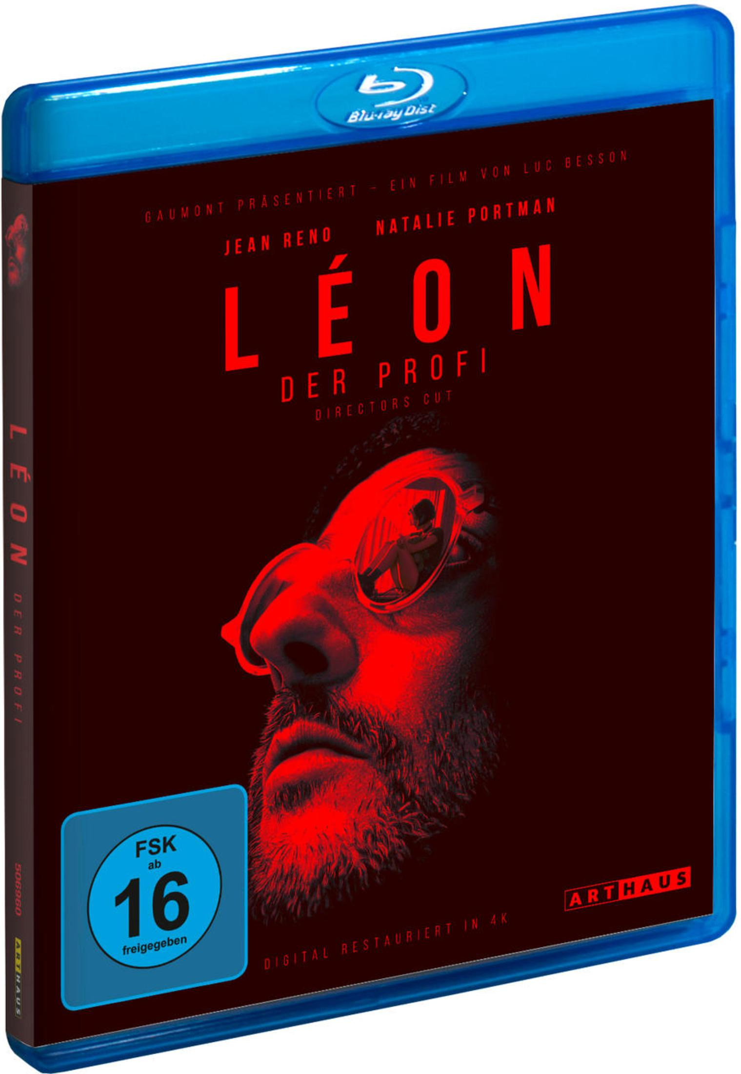 Blaues Blu-ray-Cover von Léon – Der Profi, rotes Porträt eines Mannes, Brille spiegelt eine sitzende Frau wider.