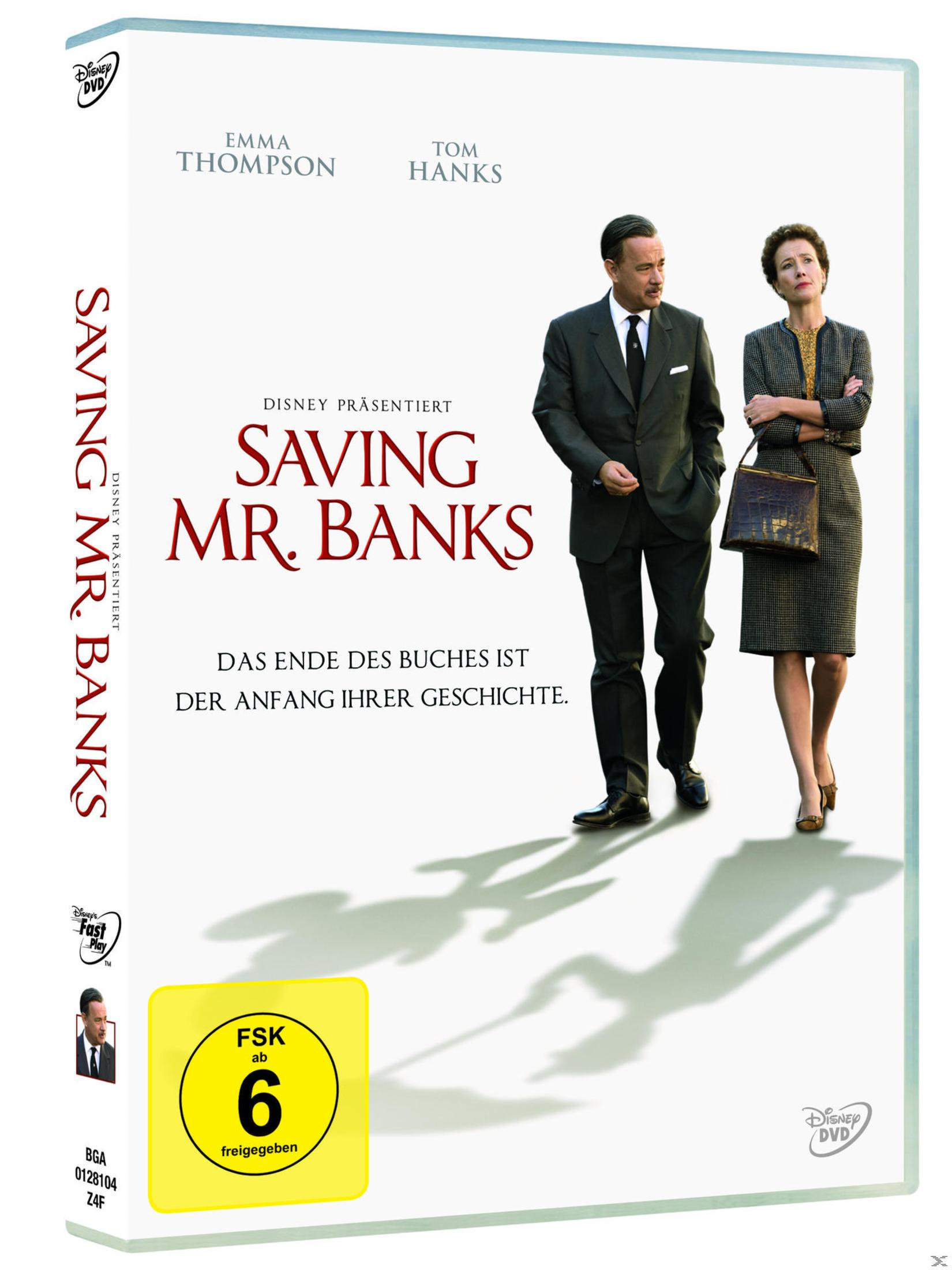 DVD-Cover von Saving Mr. Banks mit Tom Hanks und Emma Thompson auf weißem Hintergrund.