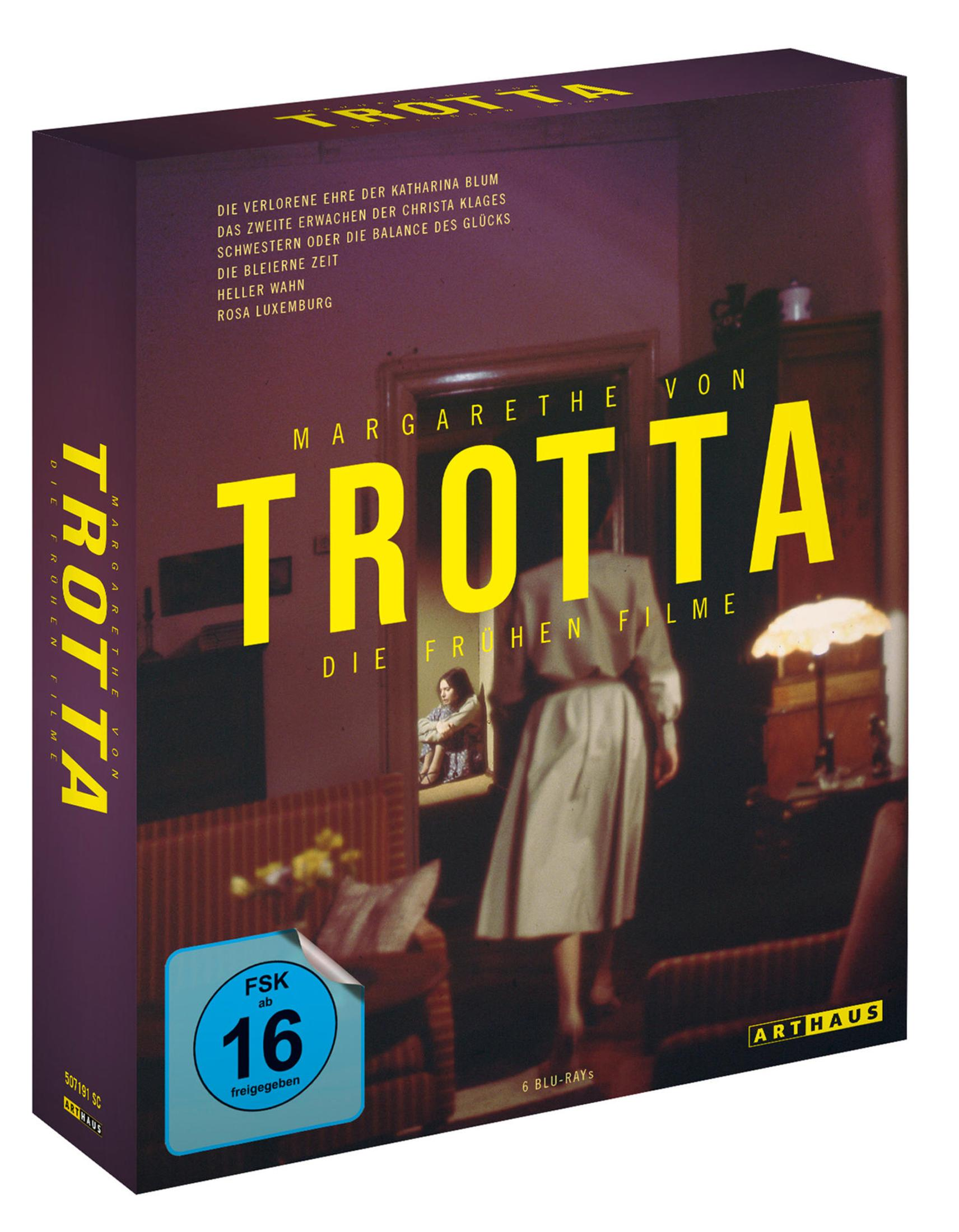 DVD-Box mit dem Titel Margarethe von Trotta - Die frühen Filme und gelber Schrift auf violettem Hintergrund.