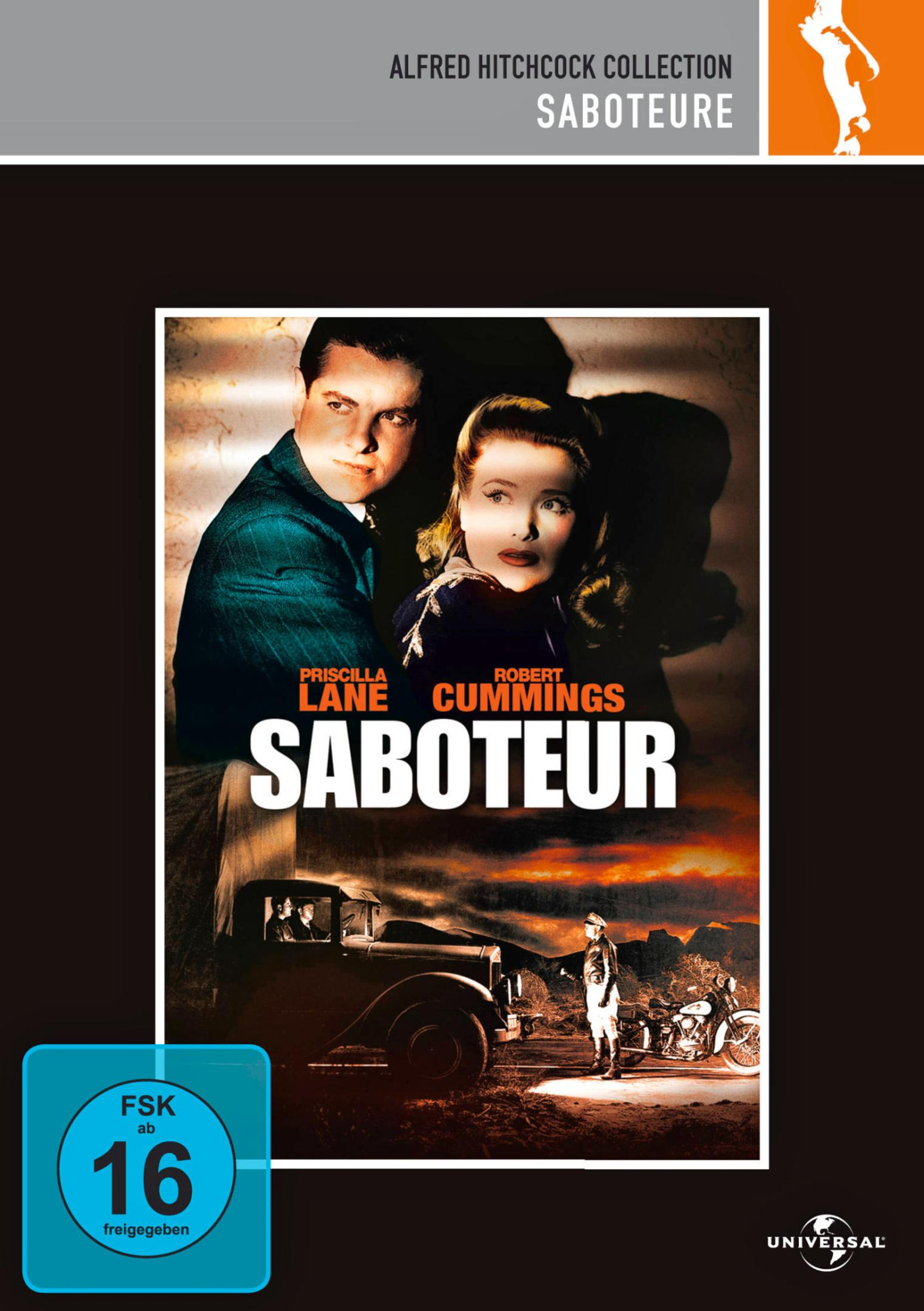 Filmposter Saboteur mit Robert Cummings und Priscilla Lane, im Hintergrund ein Auto und ein Motorrad.