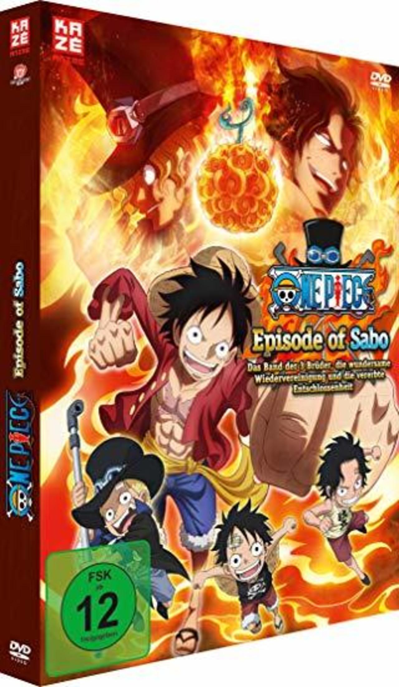DVD-Cover von One Piece Episode of Sabo mit Luffy, Sabo und Ace vor Flammen.