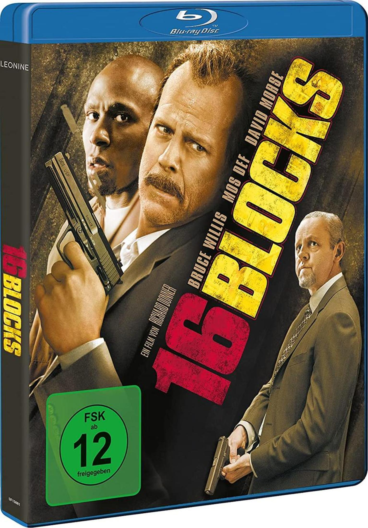 Blu-ray-Hülle des Films 16 Blocks mit Bruce Willis und einer Pistole.