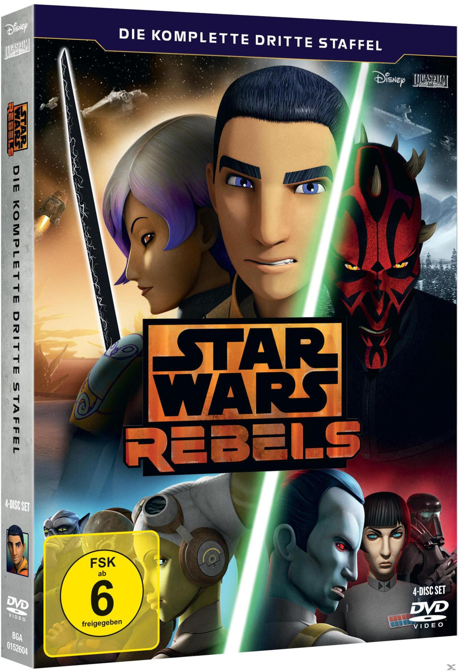 DVD-Cover für Star Wars Rebels Staffel 3 mit animierten Charakteren und Raumschiffen vor Sternenhintergrund.