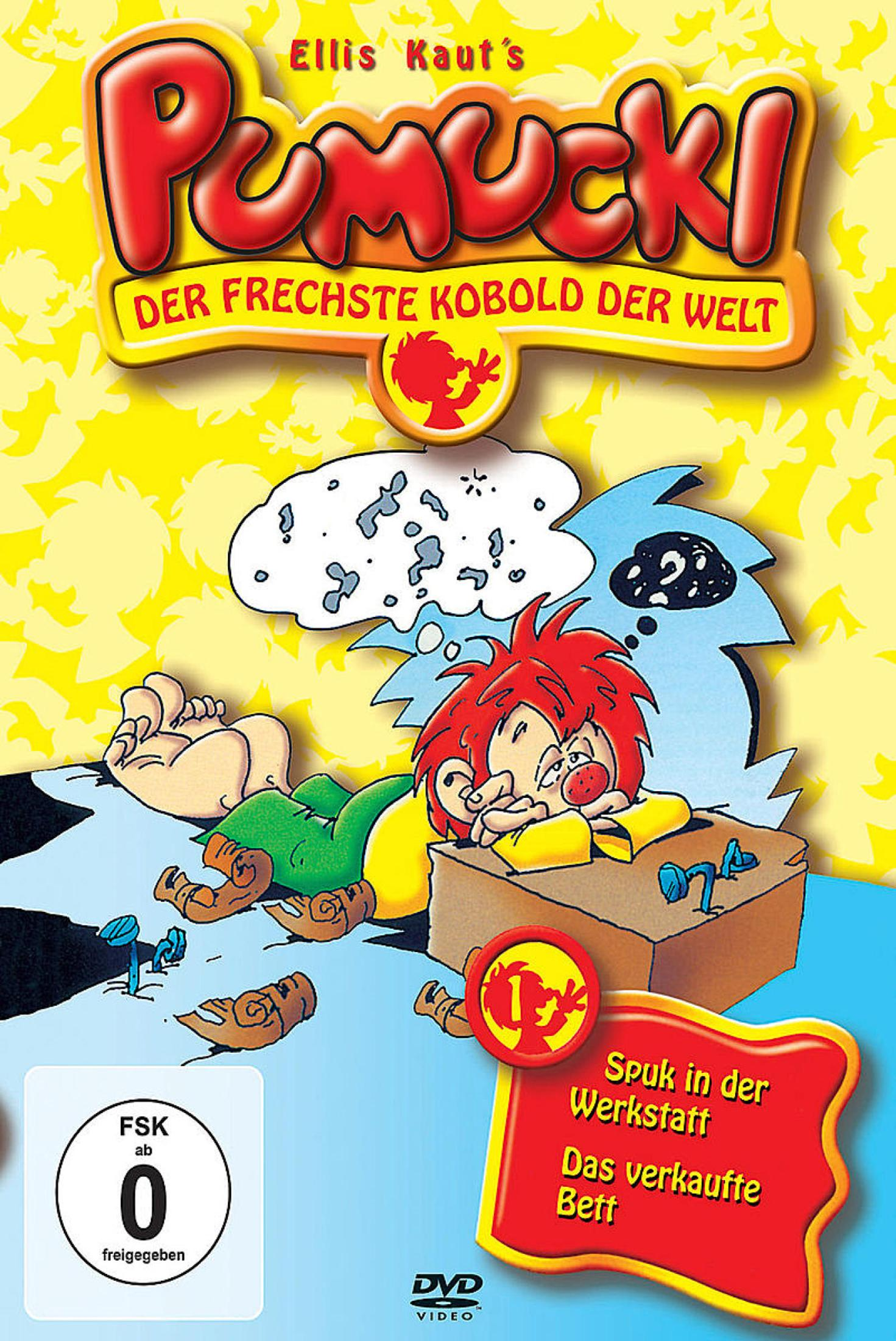 Animiertes Cover von Pumuckl, einem rothaarigen Kobold, der auf einem Werkstattboden liegt.
