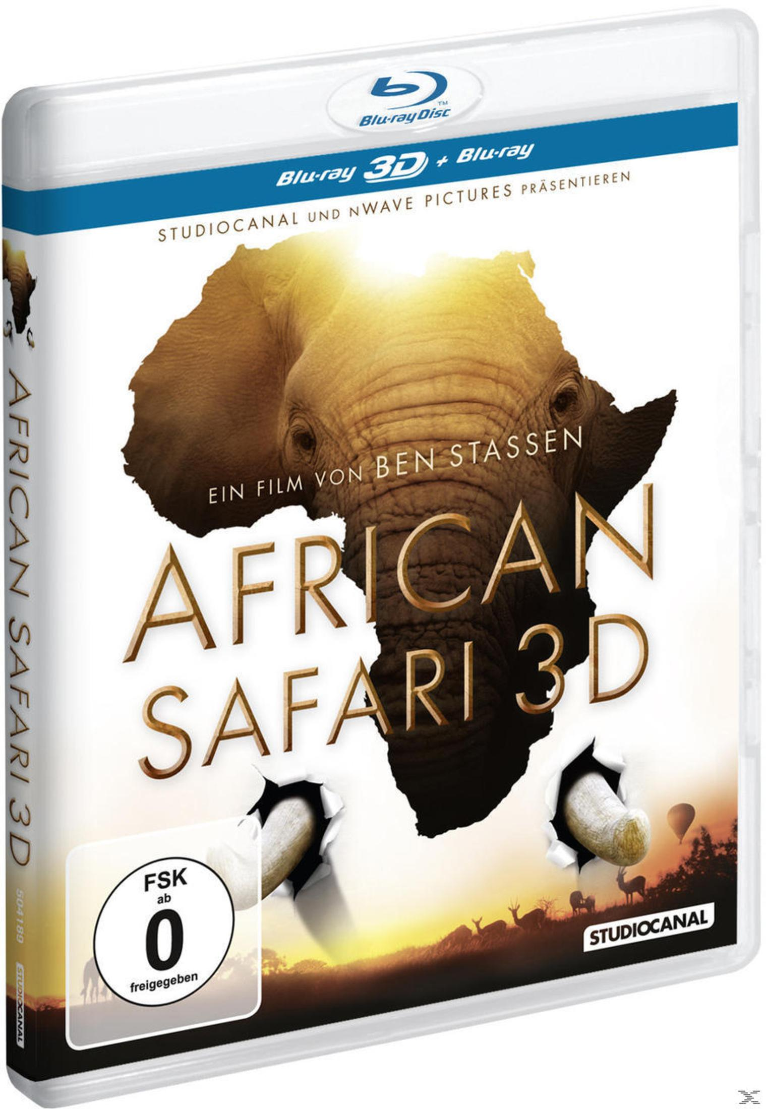 Blu-ray-Hülle von African Safari 3D mit einem Elefantenkopf auf weißem Hintergrund.