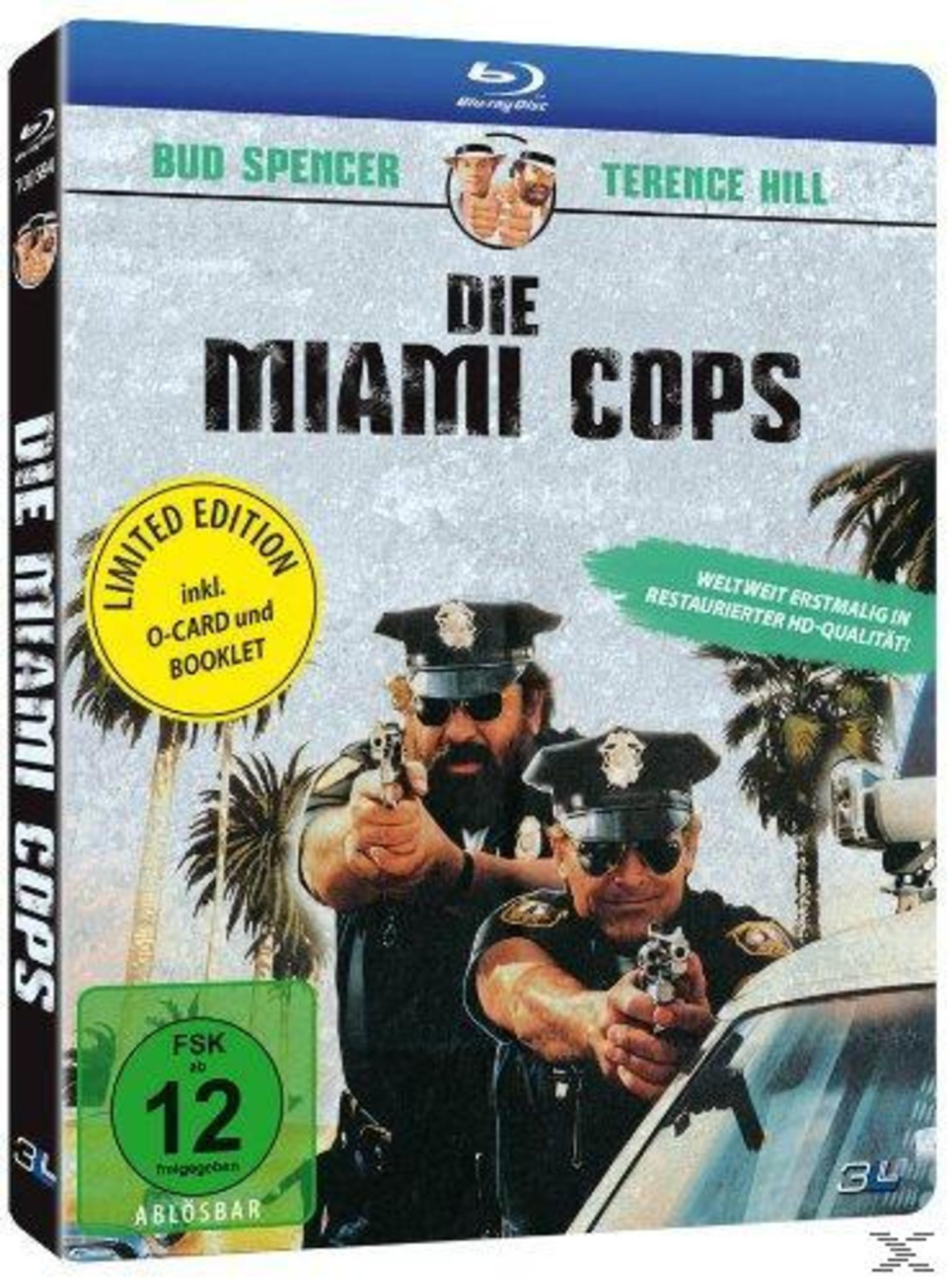 Blu-ray-Hülle von Die Miami Cops mit Bud Spencer und Terence Hill in Polizeiuniformen und mit gezogenen Waffen.