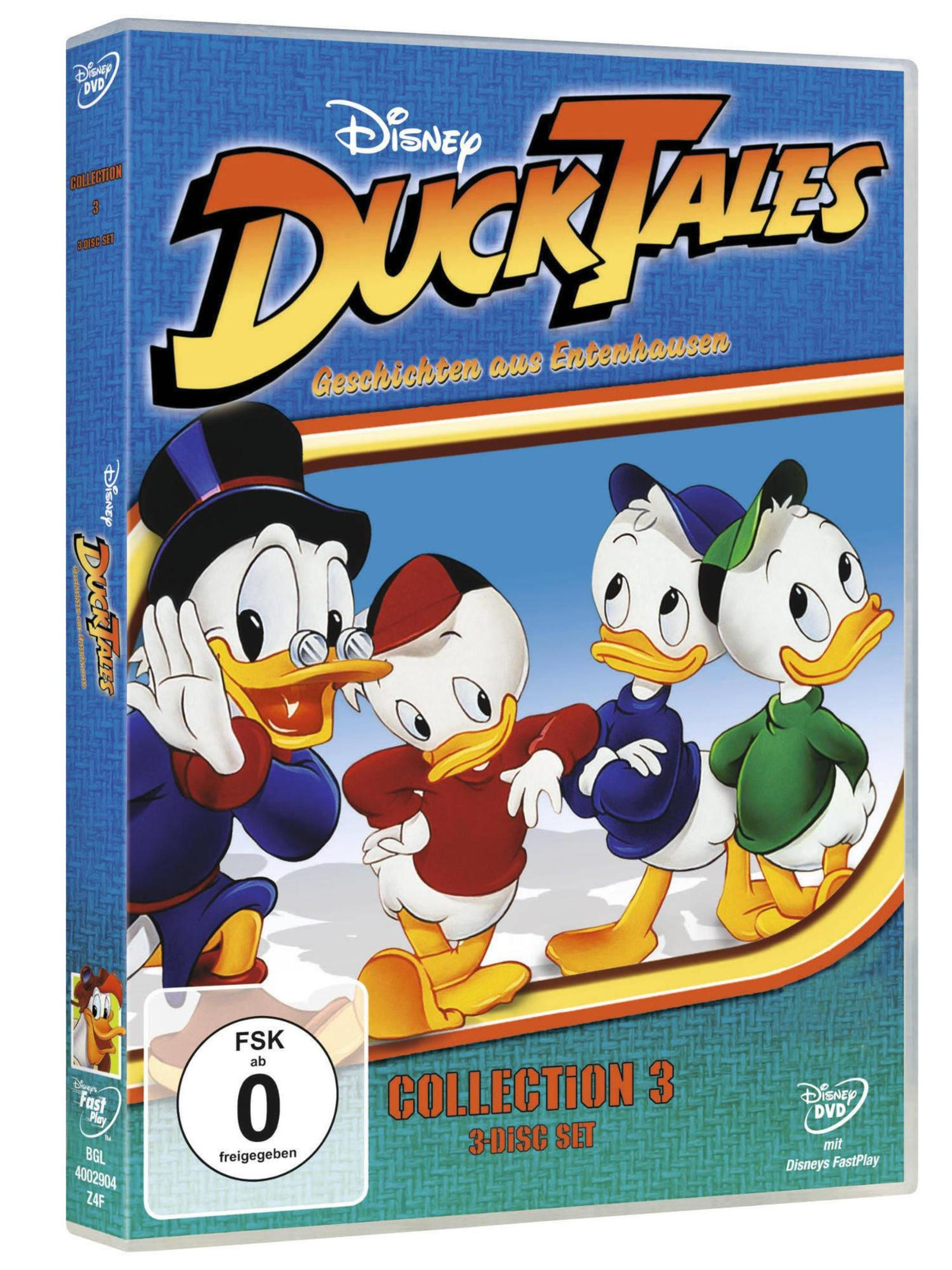 DVD-Hülle von DuckTales Collection 3 mit Dagobert Duck und seinen Neffen vor blauem Hintergrund.