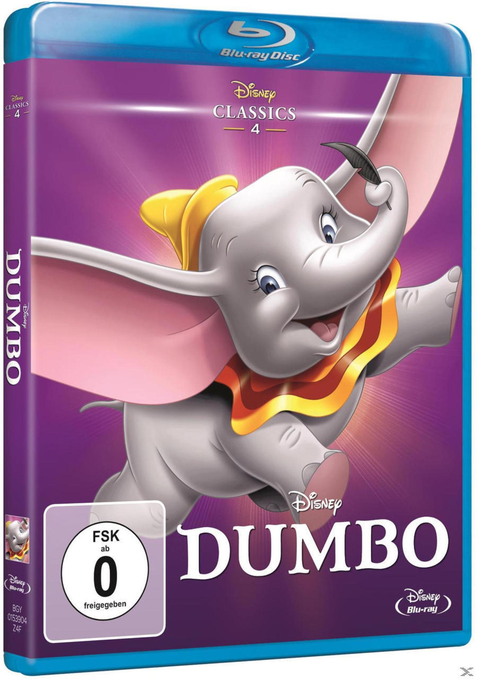 Blu-ray-Hülle von Disneys Dumbo mit dem fliegenden Babyelefanten und magischer Feder.