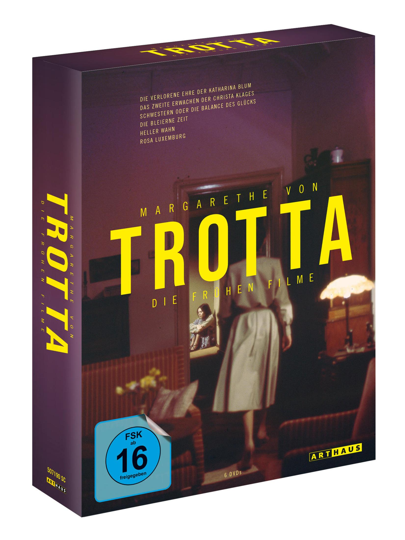 DVD-Box von Margarethe von Trotta mit Filmszenen im Hintergrund und dem großen gelben Titel 'TROTTA'.